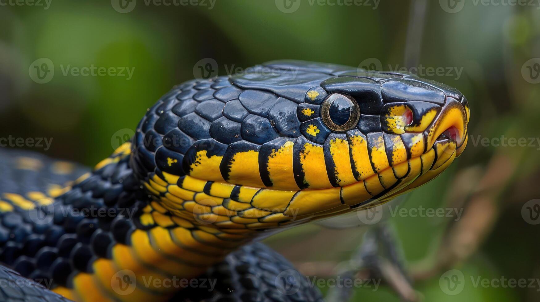 Close-up of a vibrant black and yellow snake resting on foliage, showcasing its intricate scales and habitat photo