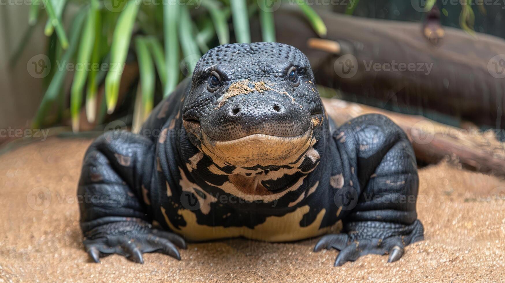 Close-up of a Komodo dragon resting on sandy ground with lush greenery in the background photo