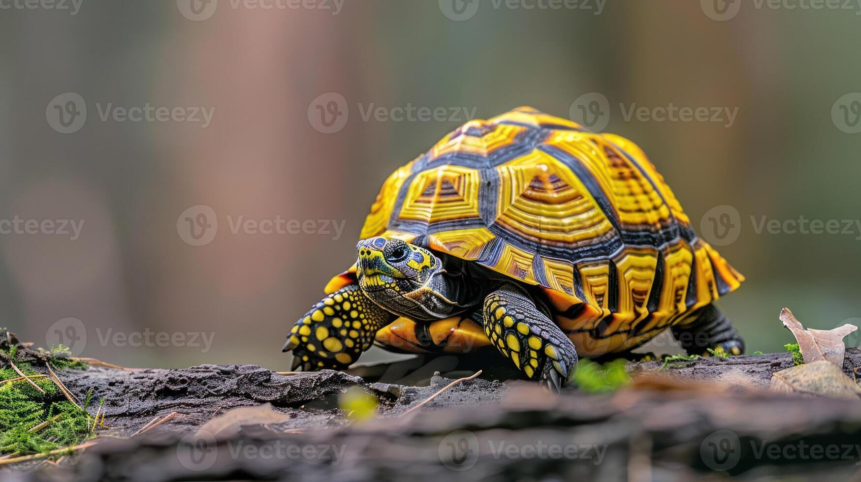 Vibrant tortoise walking on mossy ground in a lush forest, with soft blurred trees in background photo