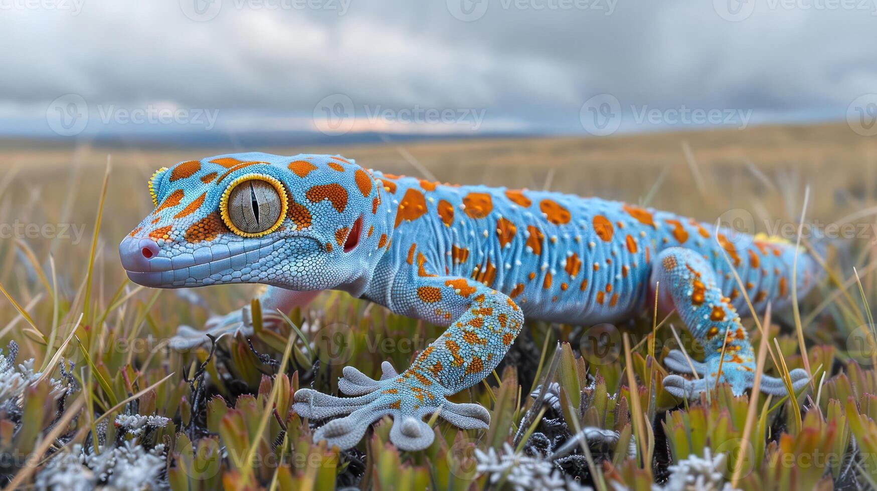 Colorful gecko resting on grass under a cloudy sky, showcasing vibrant patterns and nature photo