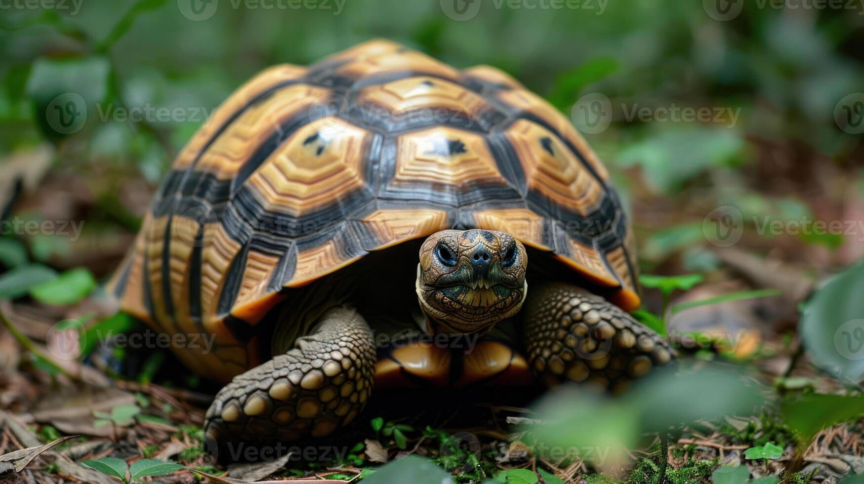 Close-up of a vibrant tortoise in a lush green forest, surrounded by foliage and natural light photo