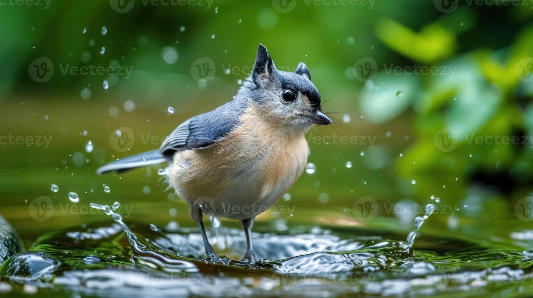 A small bird splashes in a serene pond, surrounded by lush greenery and gentle ripples photo