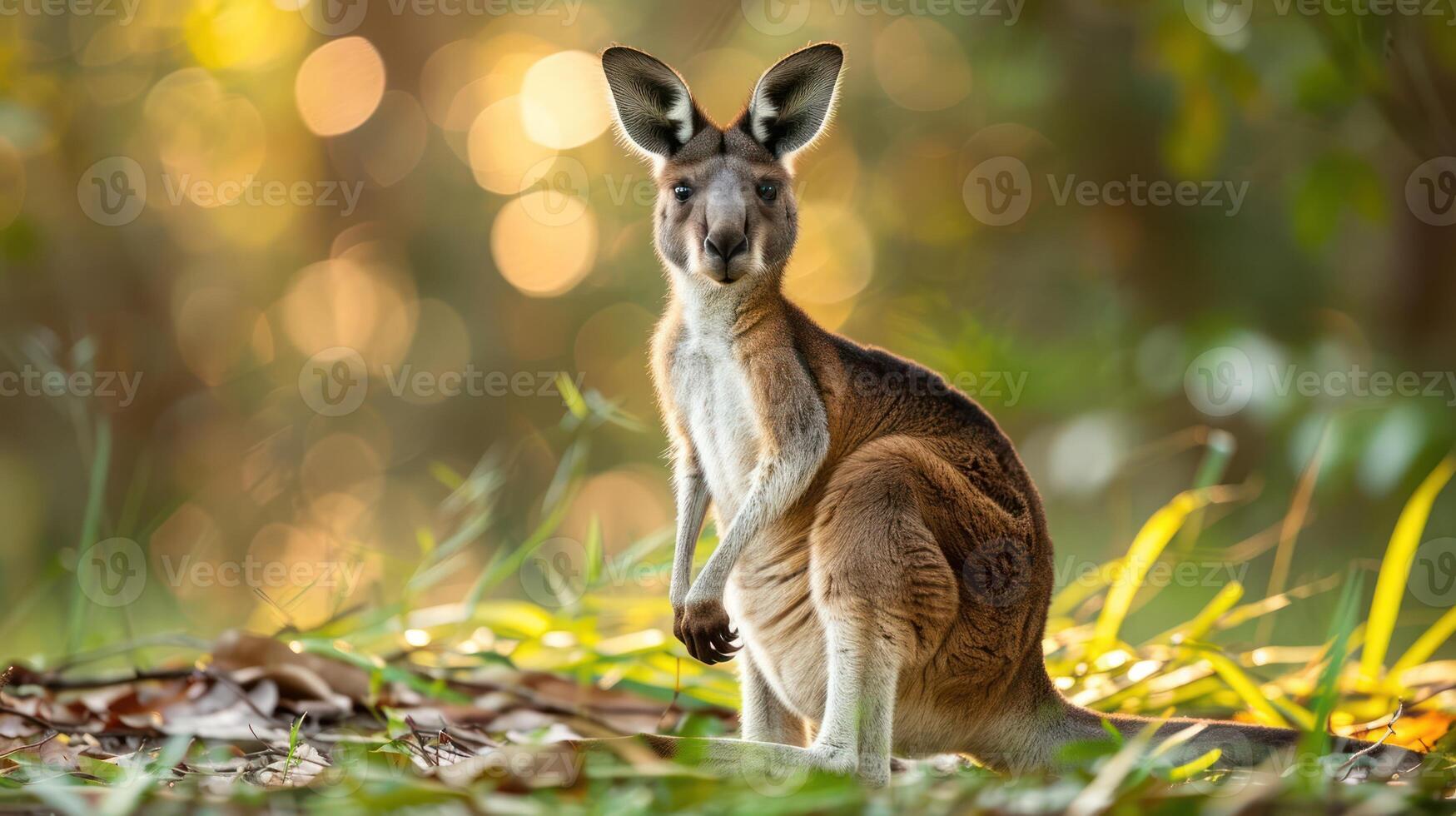 A kangaroo stands gracefully in a sunlit forest, surrounded by golden foliage and blurred backgrounds photo