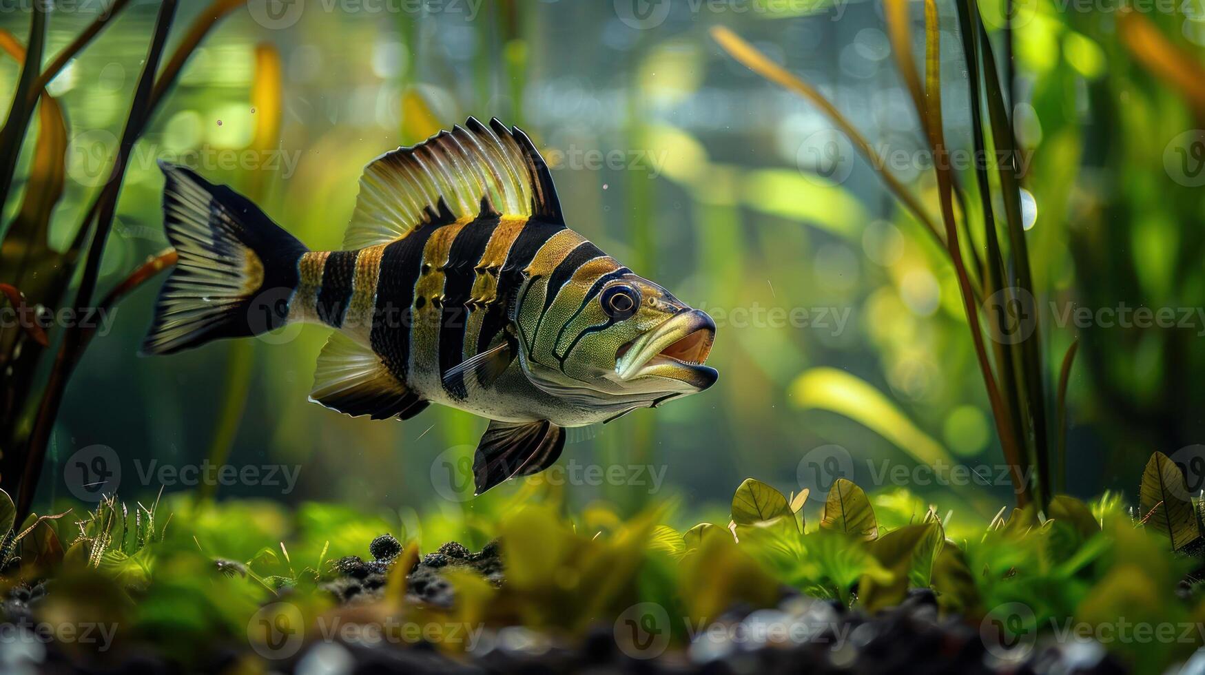 Striped fish swimming gracefully among vibrant aquatic plants in a serene underwater habitat photo