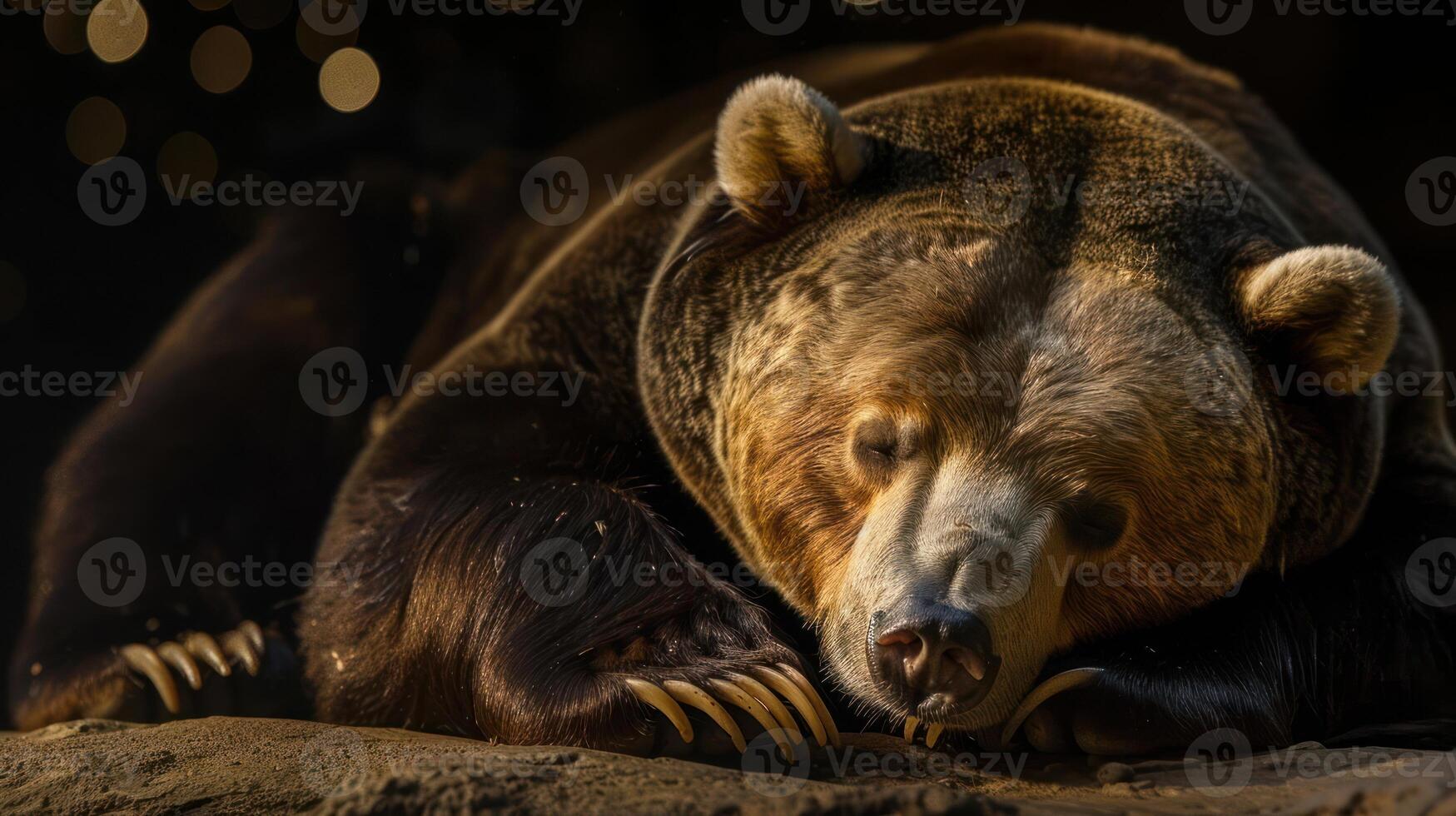 A serene brown bear resting peacefully on a rock in a softly lit environment, surrounded by blurred lights photo