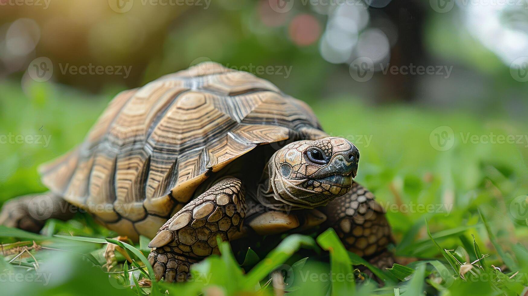 Close-up of a tortoise on green grass with blurred natural background in sunny weather photo