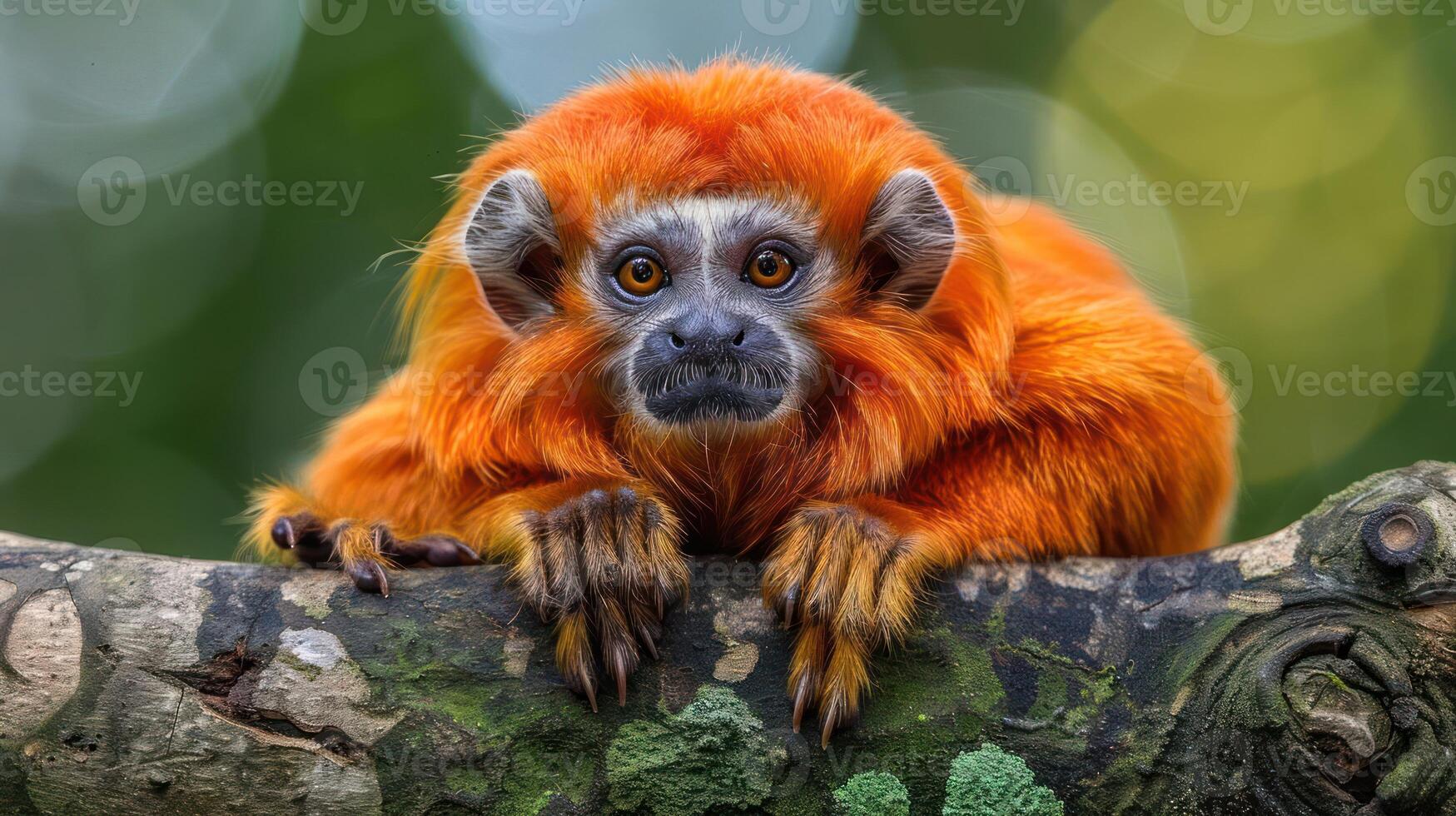 Vibrant orange monkey perched on a tree branch, surrounded by lush greenery in a serene forest photo