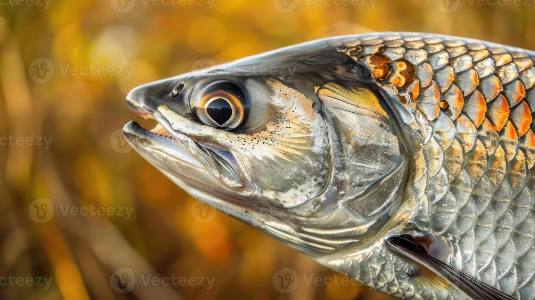 Close-up of a fish showcasing its detailed scales and vibrant colors against a blurred natural background photo