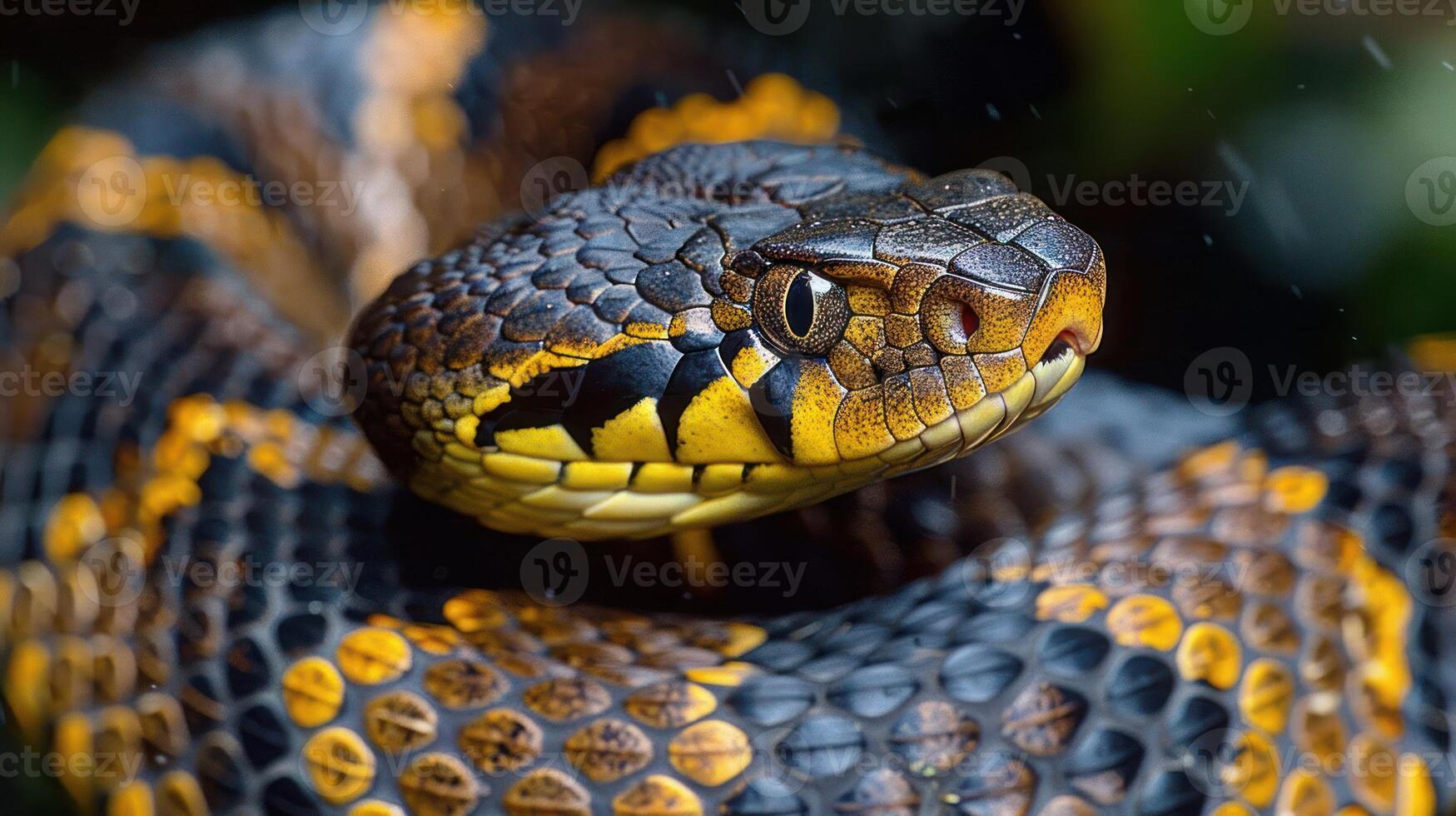 Close-up of a vibrant, coiled snake showcasing intricate scales in a lush, natural habitat photo