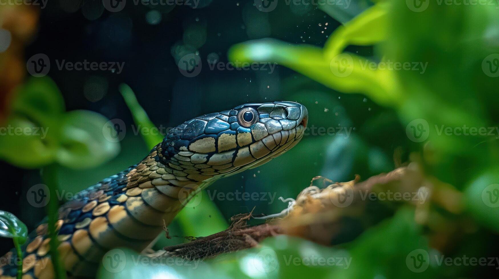 Close-up of a vibrant snake in a lush green environment, surrounded by foliage and water droplets photo
