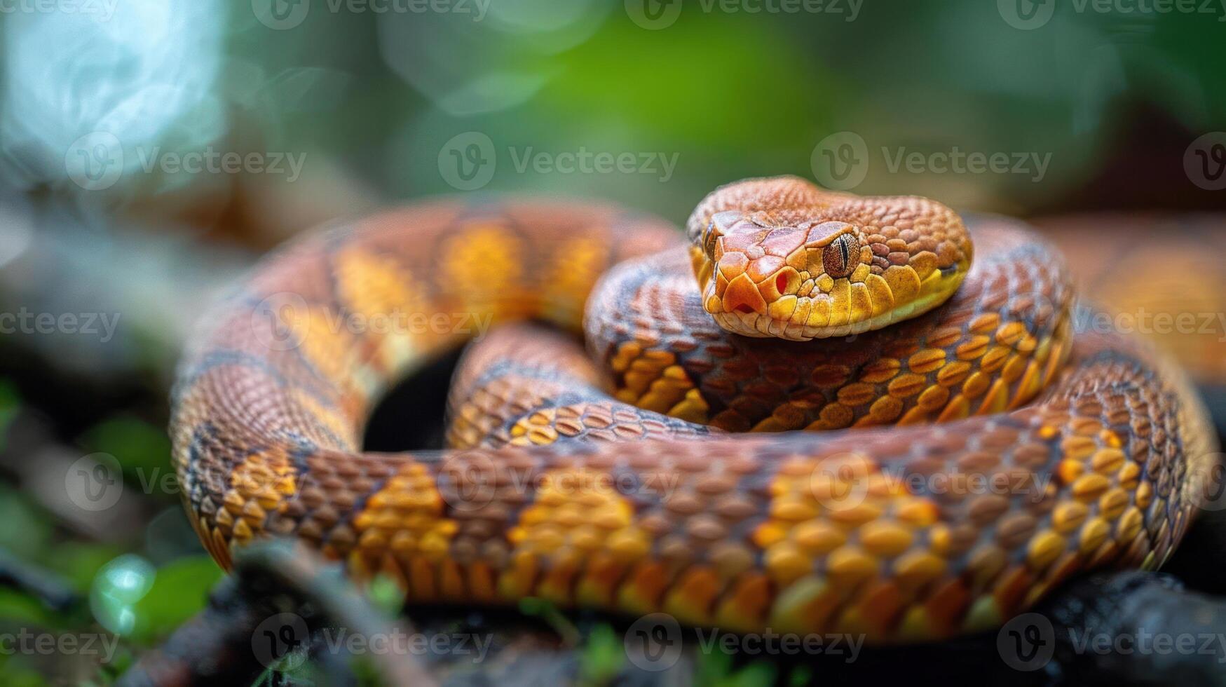 Close-up of a vibrant orange and brown snake coiled on a branch in a lush green forest photo