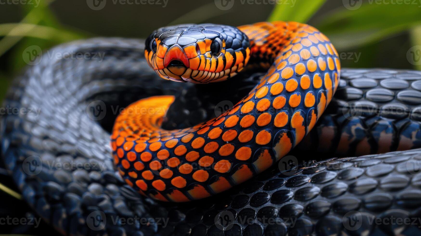 Close-up of a vibrant snake coiled among lush green foliage, showcasing its striking patterns photo