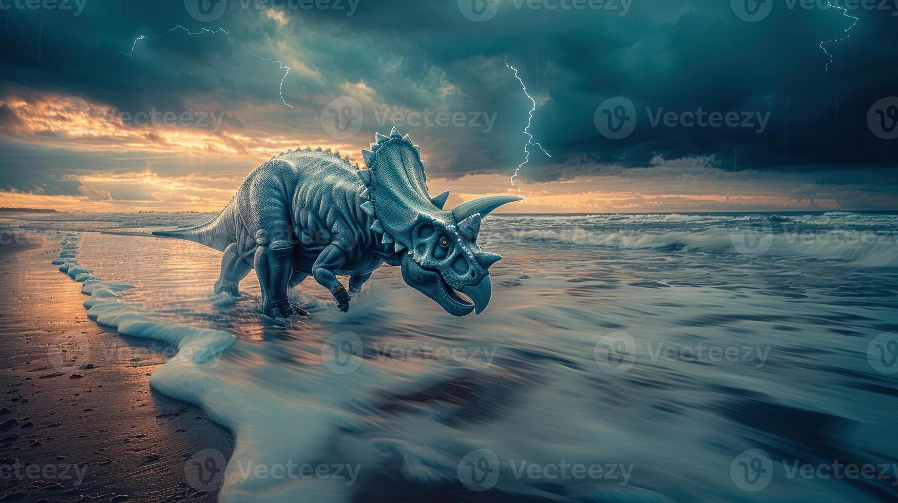 A triceratops walking along a stormy beach with waves crashing and lightning in the background photo