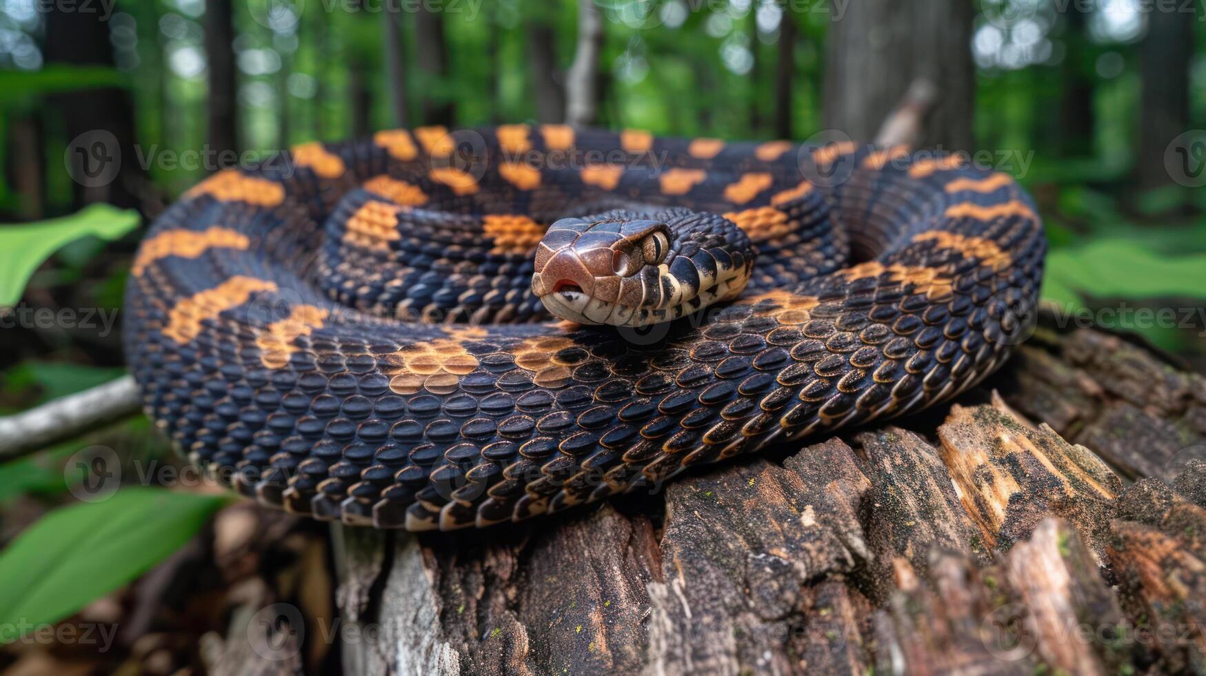 Close-up of a vibrant snake resting on a tree stump in a lush forest, surrounded by greenery photo