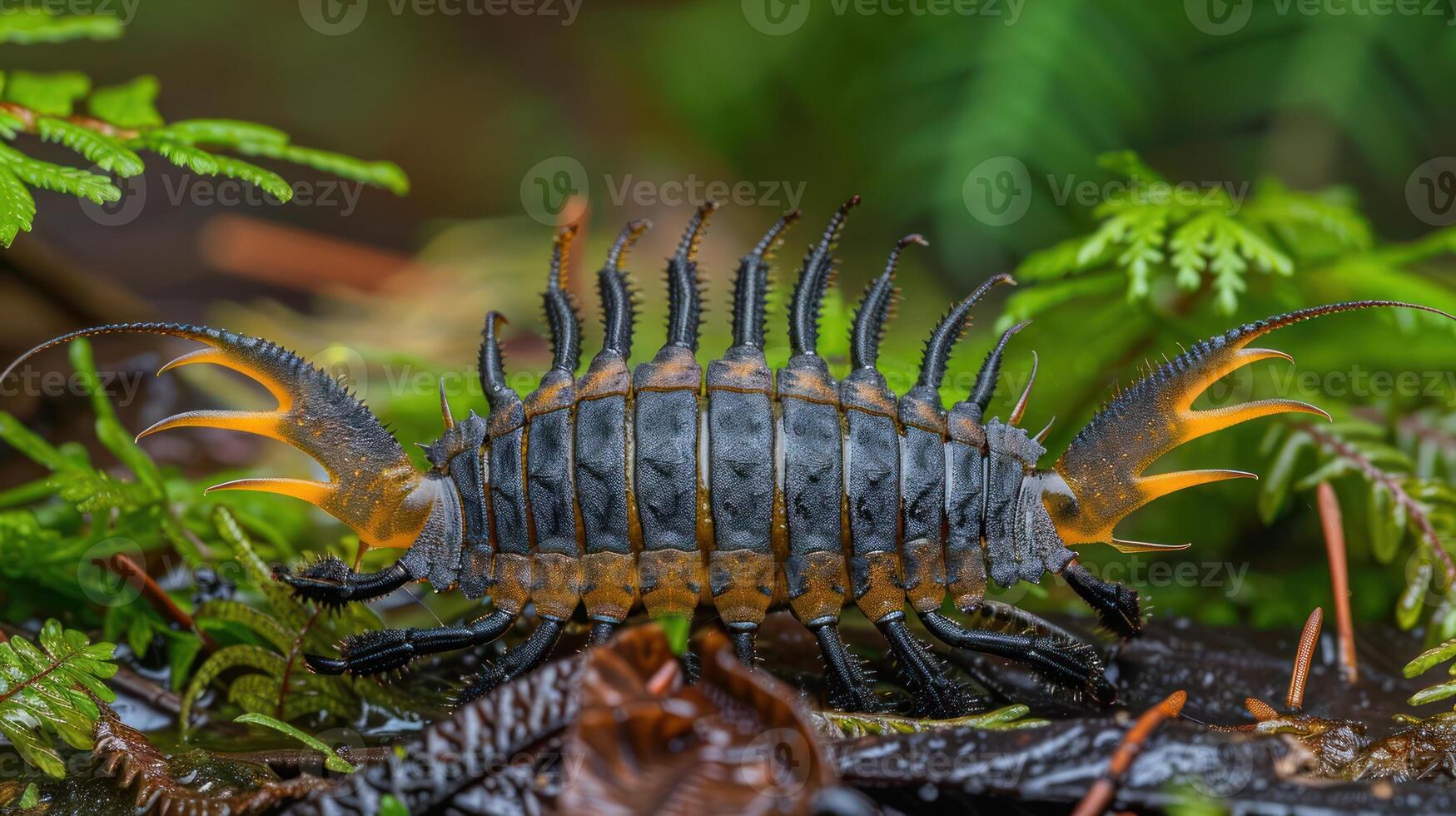 Close-up of a unique insect with spiny features crawling on wet foliage in a lush forest photo