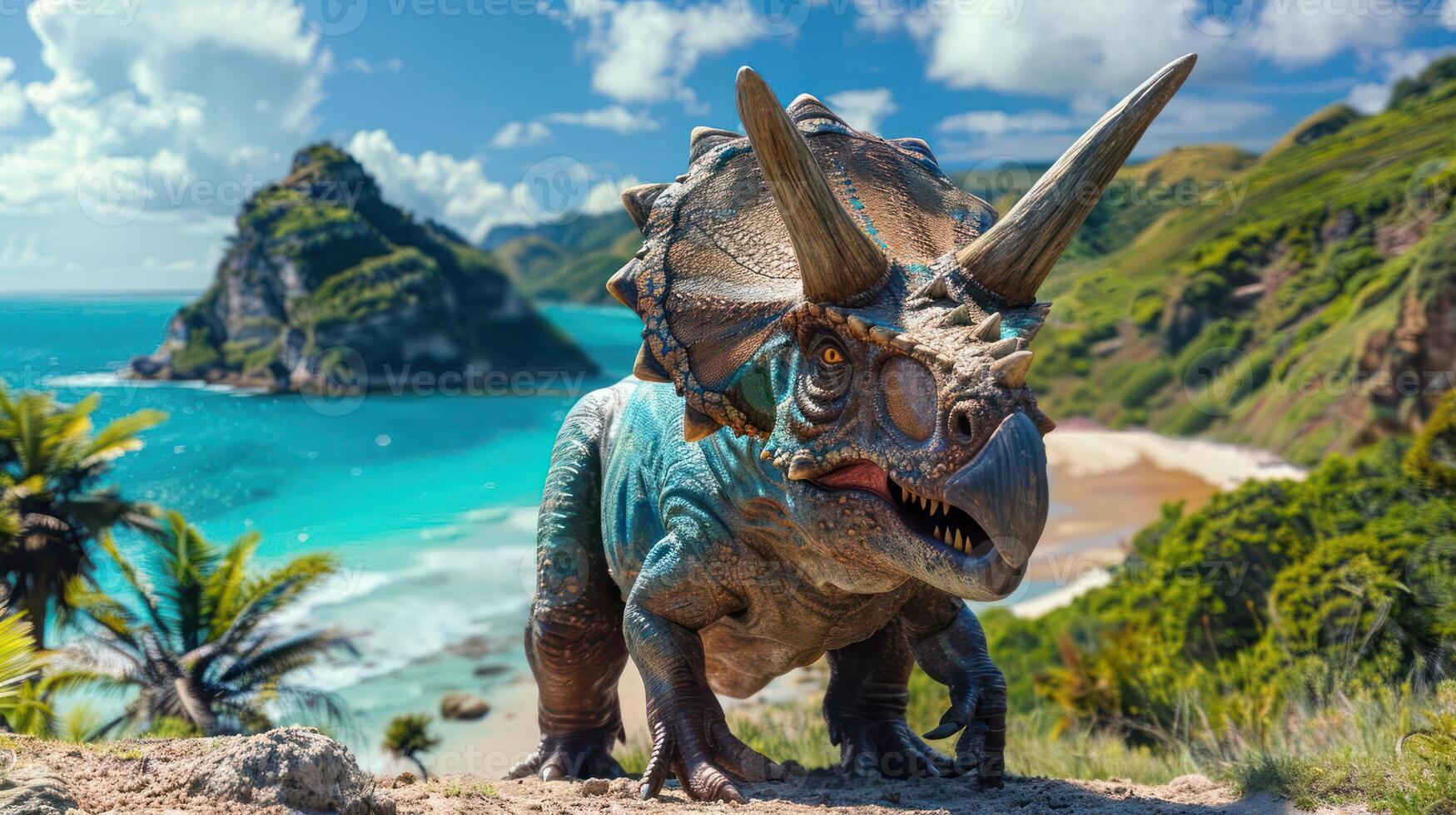 A vibrant triceratops exploring a tropical beach landscape with lush hills and clear blue waters photo