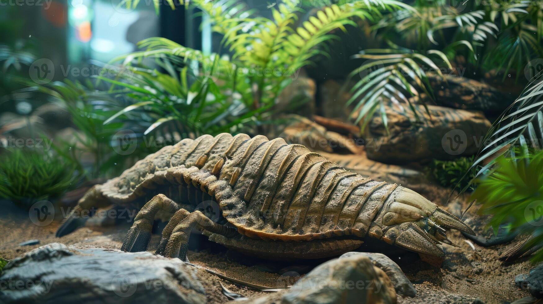 A detailed view of a prehistoric creature in a lush, green habitat, showcasing its unique features photo