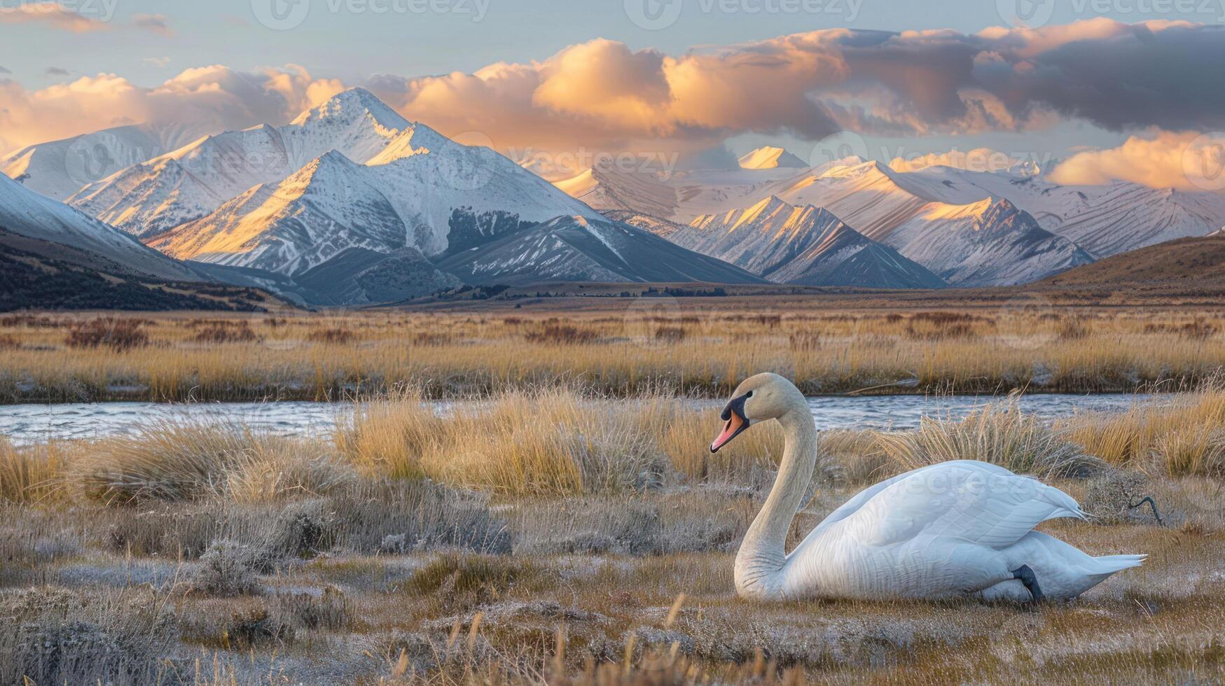 Majestic swan resting by a serene lake with snow-capped mountains and vibrant sunset photo