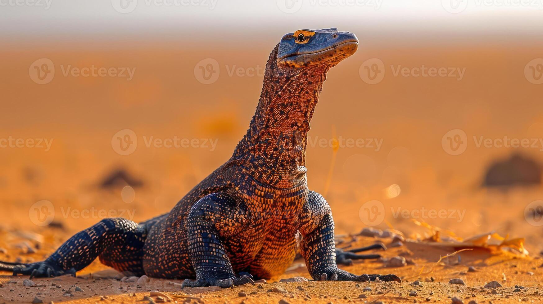 A vibrant lizard basking on warm desert sands, surrounded by a serene, sunlit landscape photo