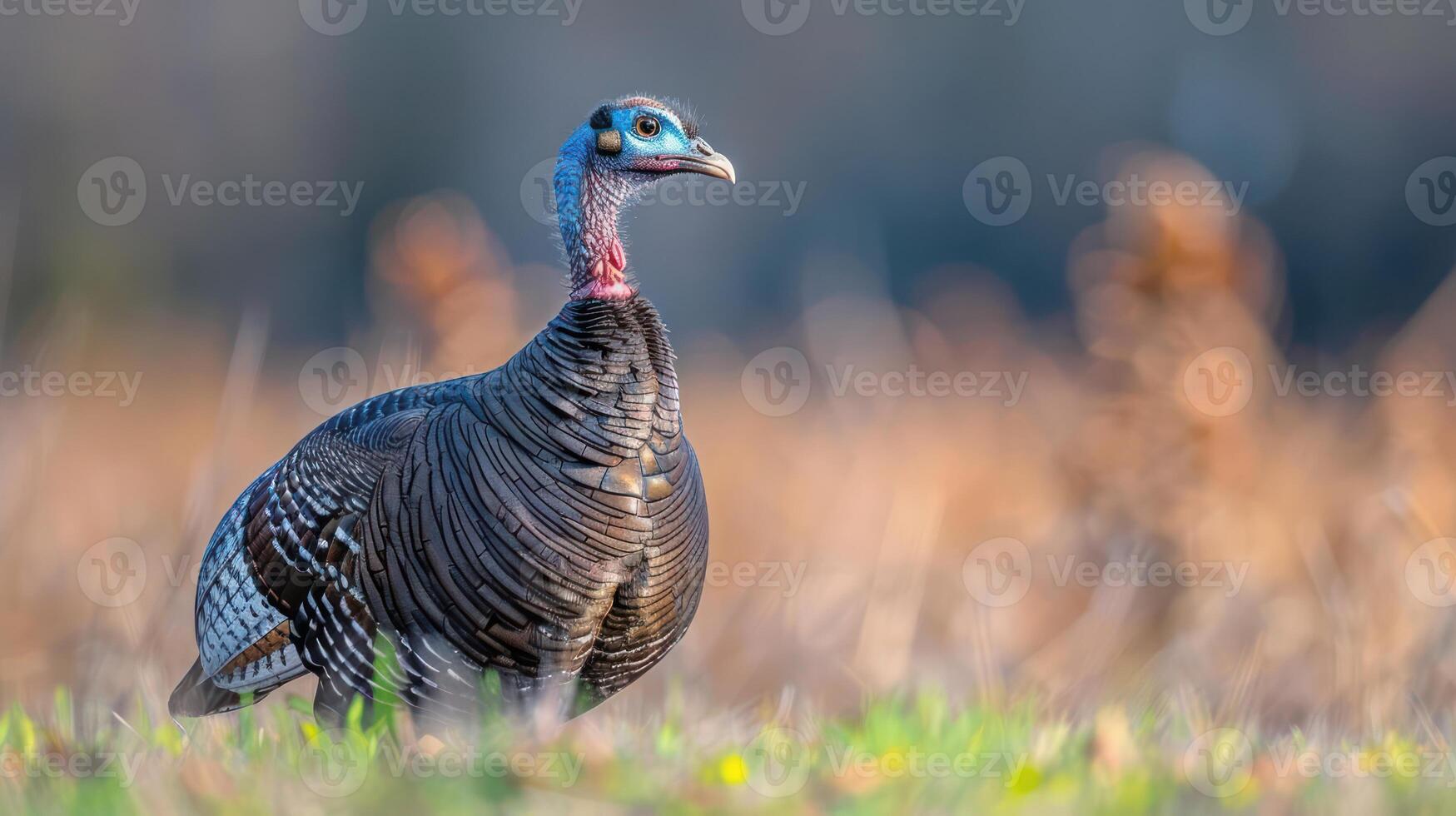 Wild turkey standing gracefully in a sunlit field, surrounded by soft, blurred foliage photo