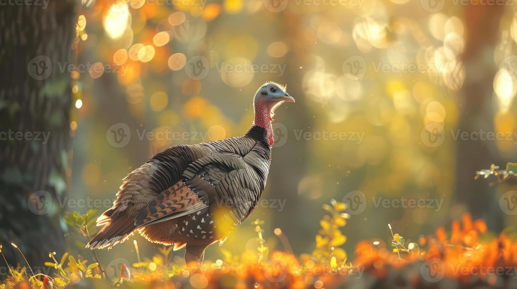 Wild turkey standing amidst vibrant autumn foliage, with soft sunlight filtering through trees photo