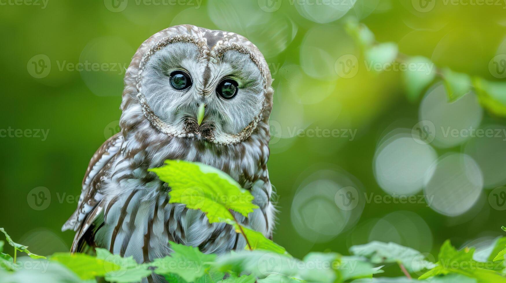Majestic owl perched among vibrant green leaves, surrounded by a blurred natural backdrop photo