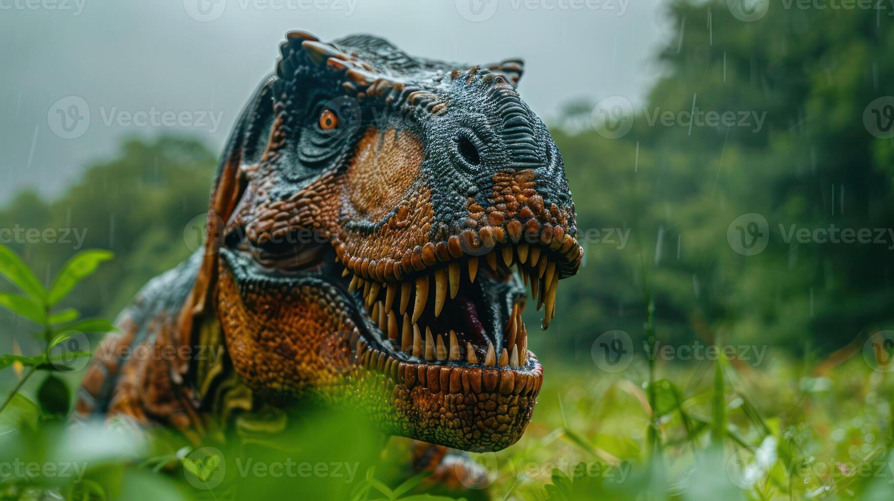 A realistic dinosaur head emerging from lush greenery during a rainstorm in a prehistoric setting photo