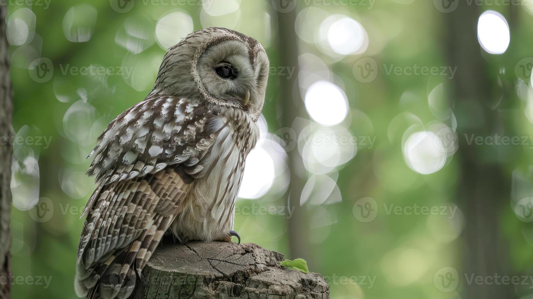 Majestic owl perched on a tree stump in a lush green forest, surrounded by soft bokeh lights photo