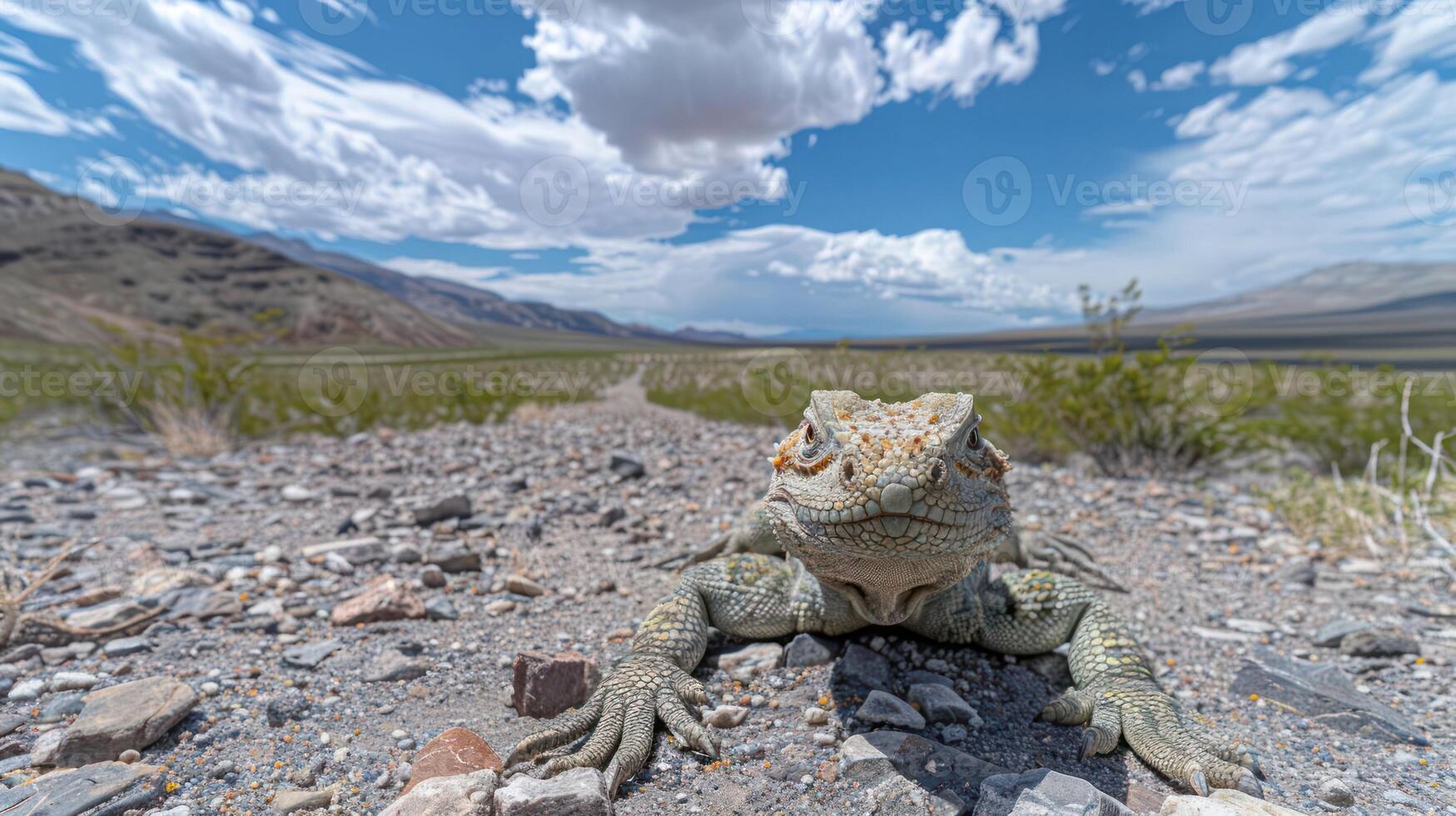 Close-up of a lizard on a rocky path in a vast desert landscape under a blue sky photo