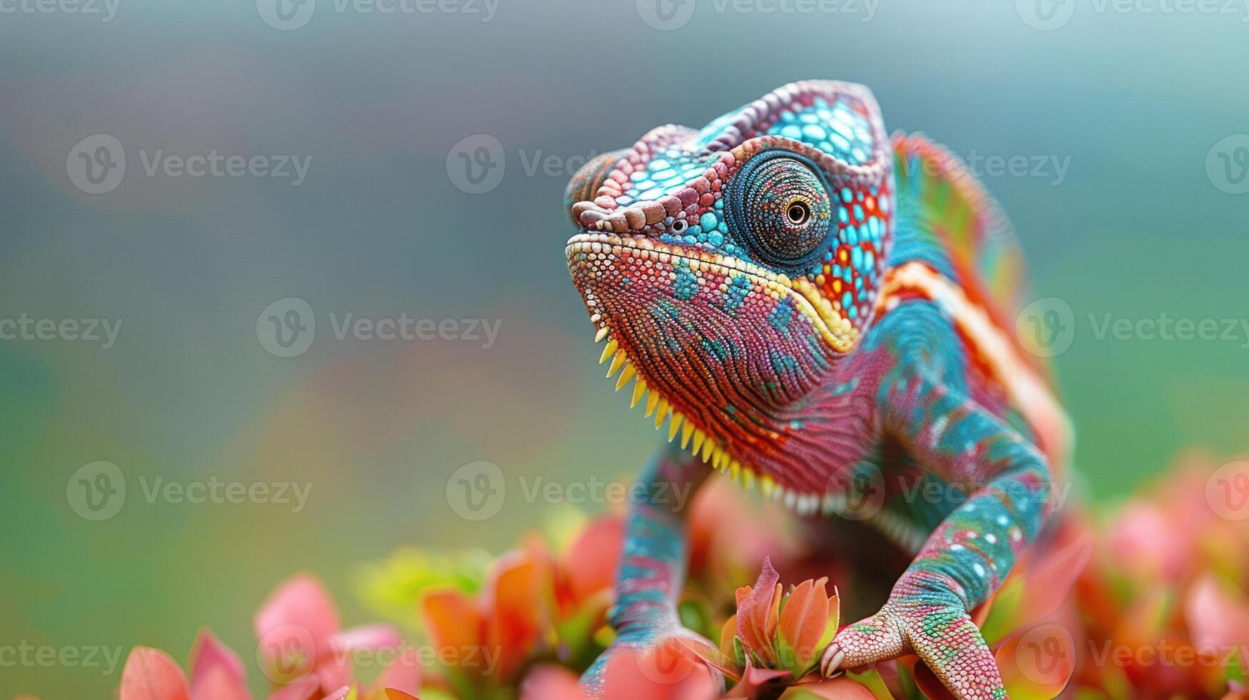 Colorful chameleon perched on vibrant flowers, showcasing its unique patterns in a lush garden photo