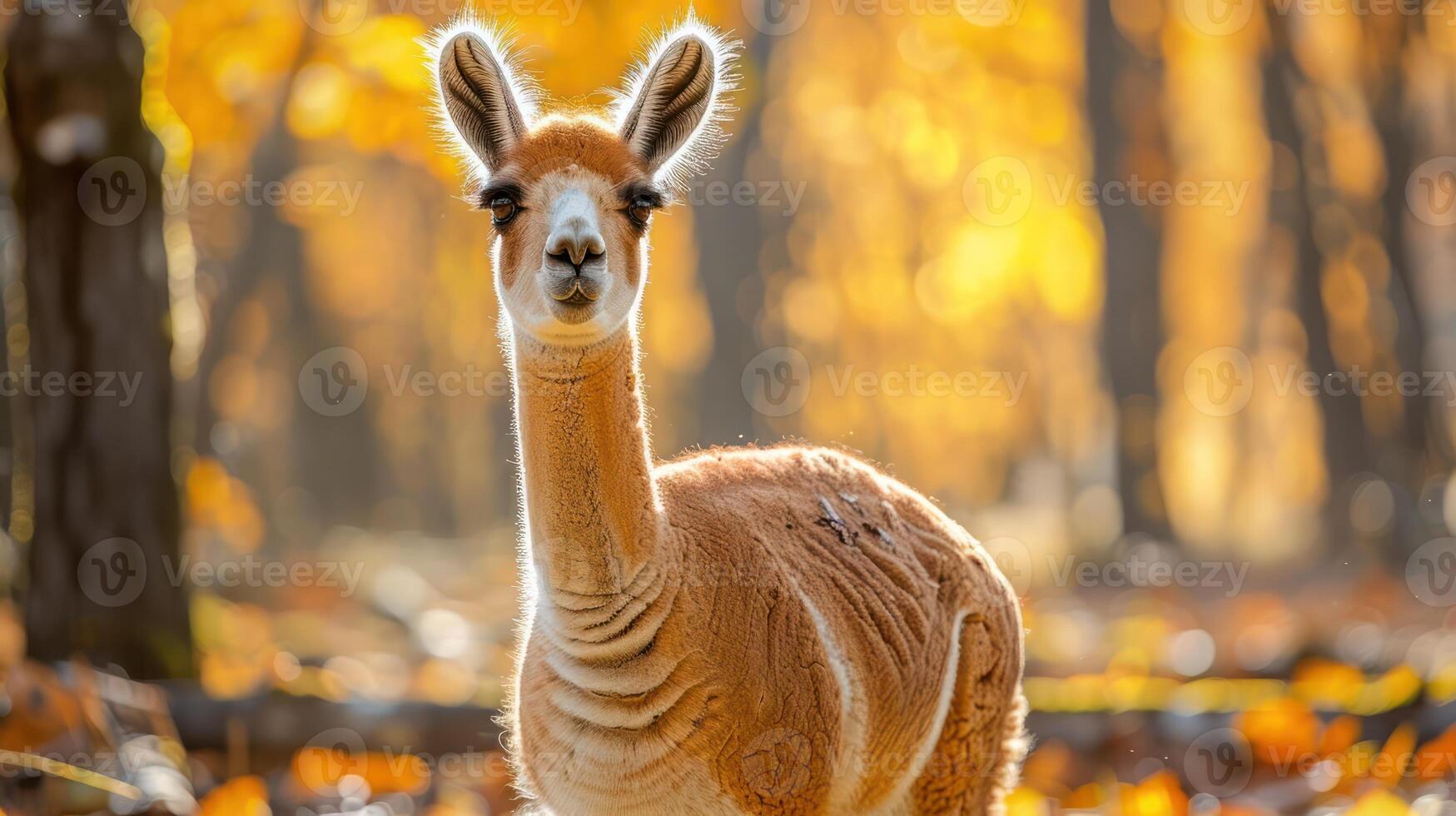 A serene llama stands amidst a vibrant autumn forest, surrounded by golden foliage and soft sunlight photo