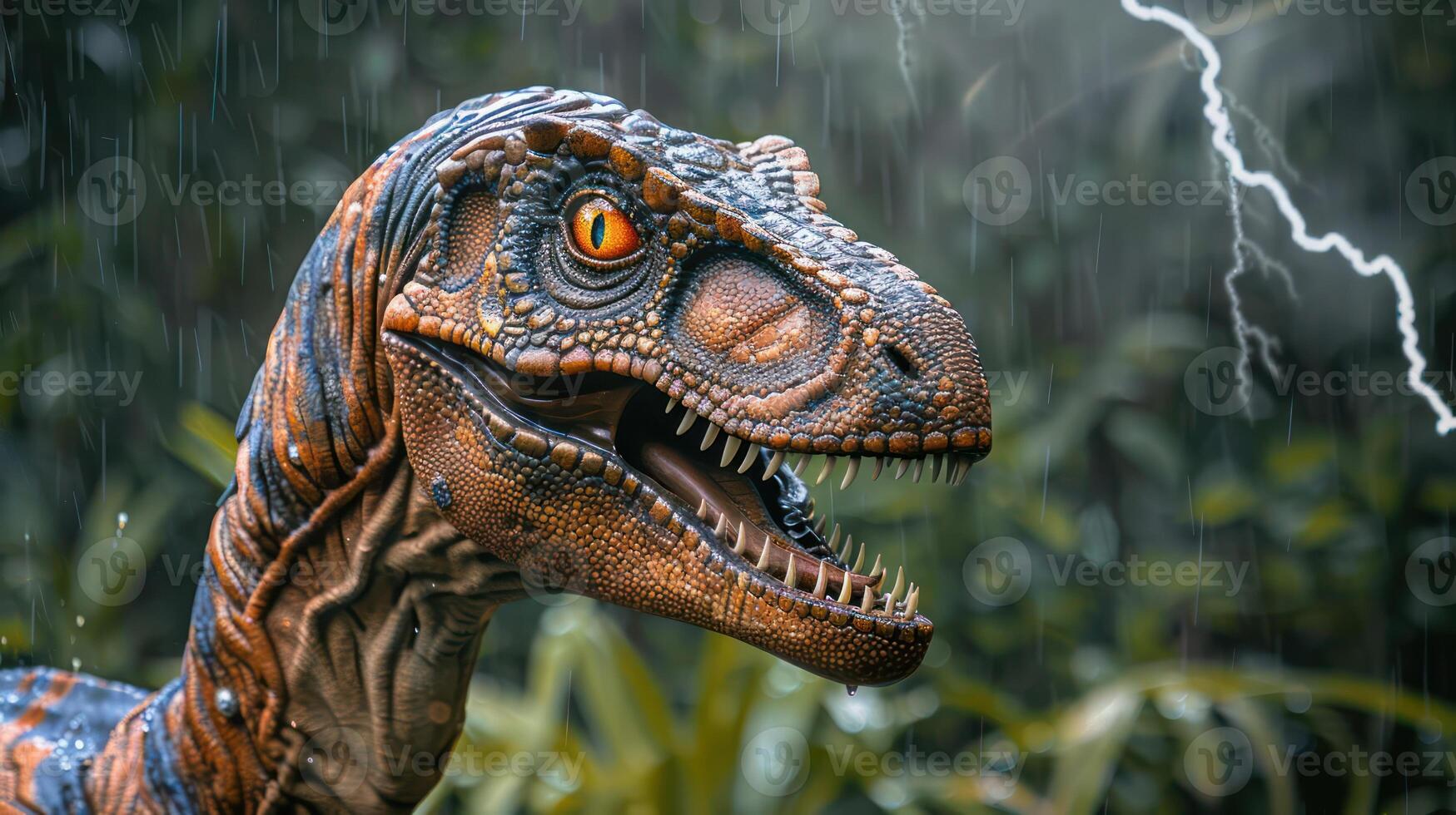 Realistic dinosaur in a stormy jungle, showcasing fierce expression amidst rain and lightning photo