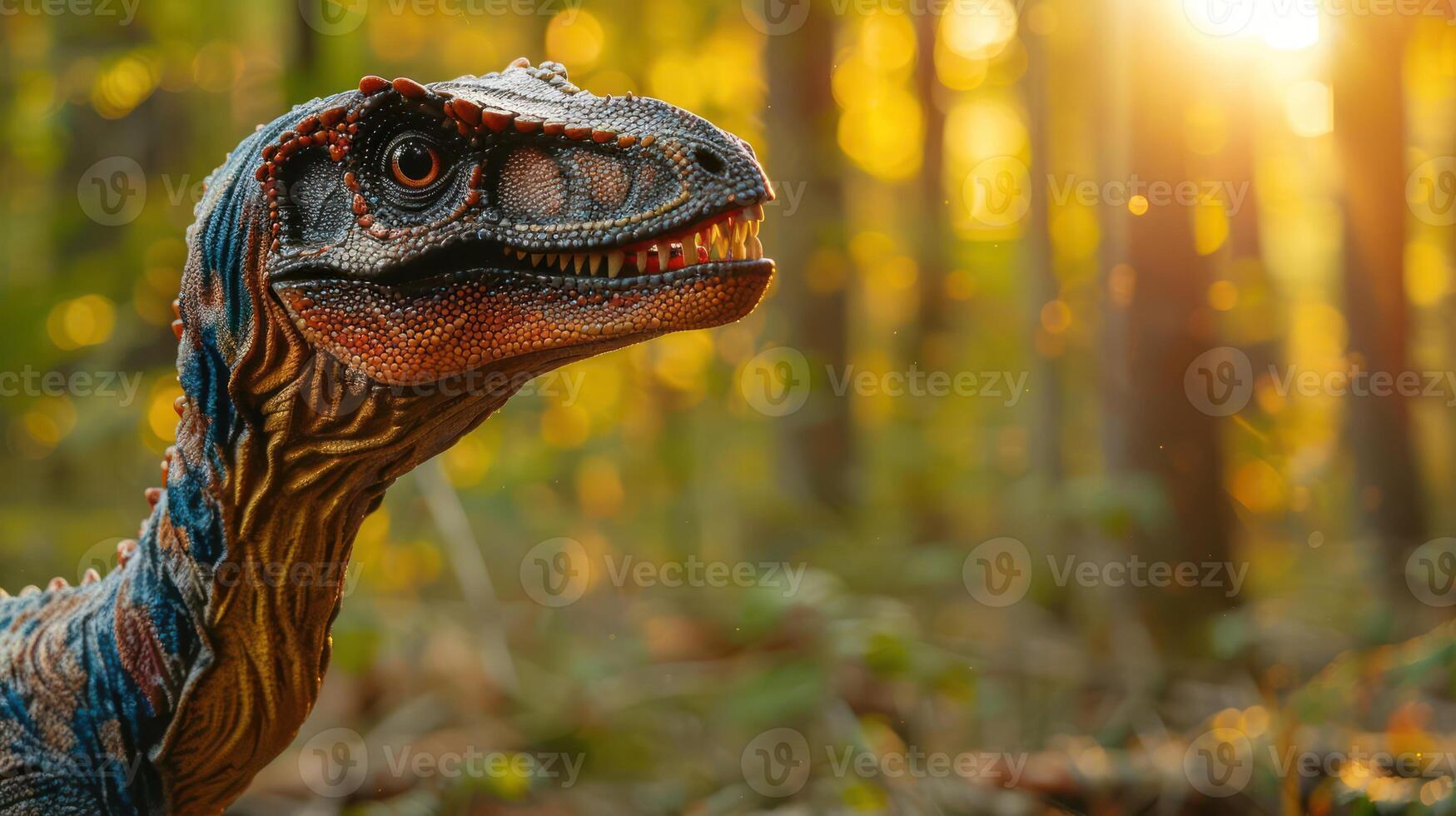Realistic dinosaur model in a sunlit forest, showcasing intricate details and vibrant colors photo