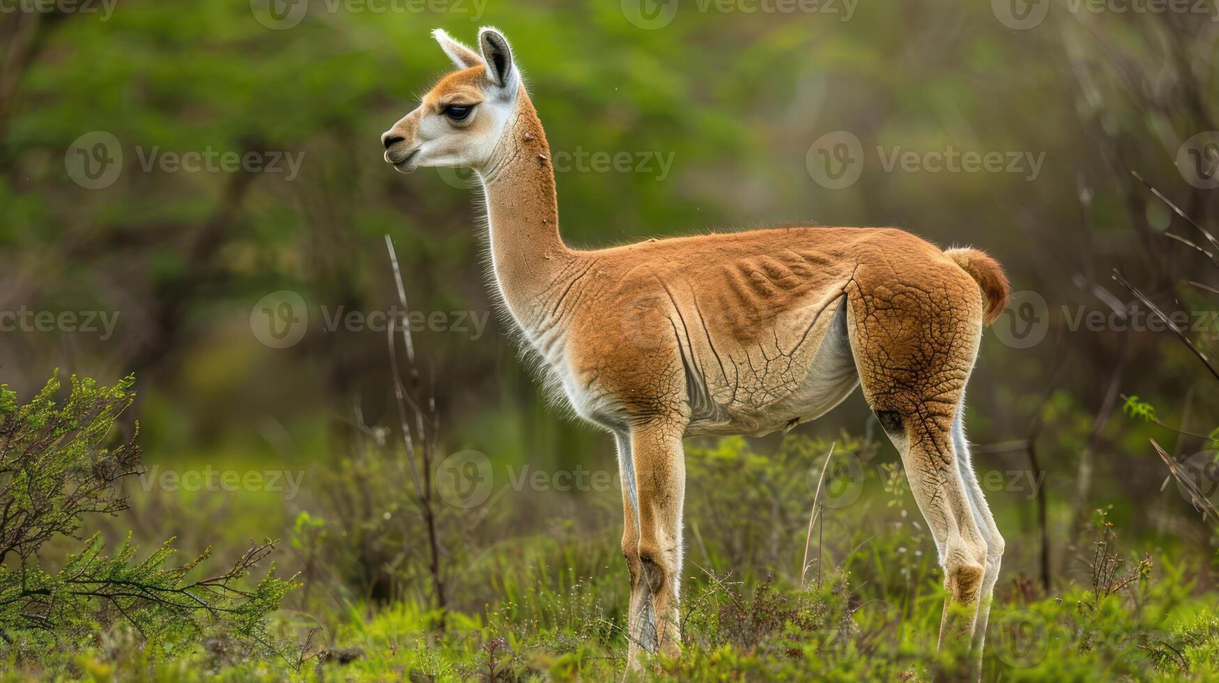 A graceful guanaco stands in a lush green landscape, showcasing its natural habitat and surroundings photo