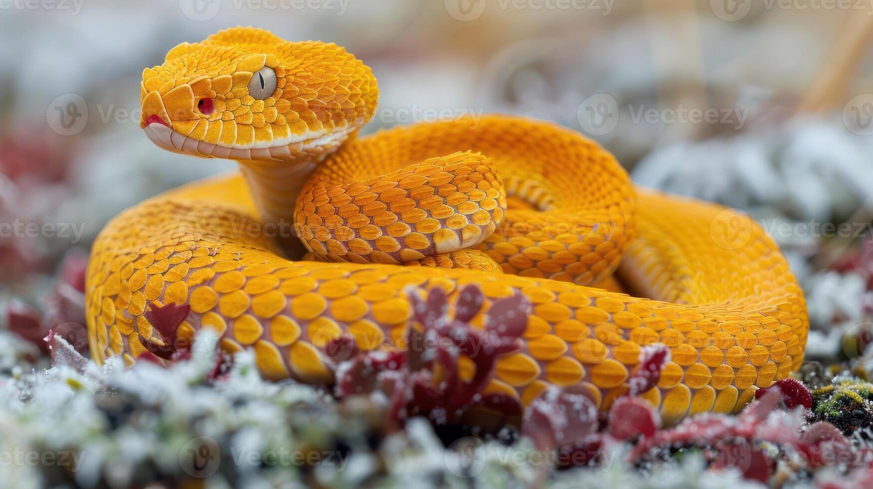 Vibrant orange snake coiled on frosty ground surrounded by colorful vegetation in nature photo