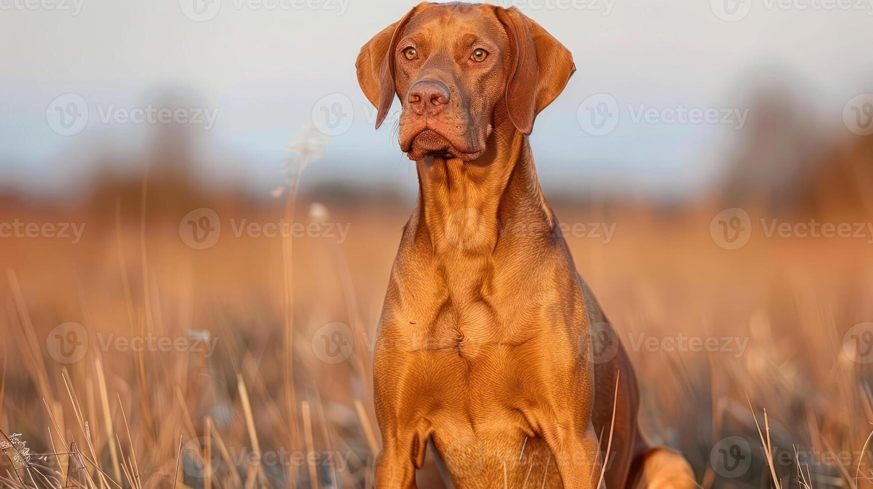 A majestic dog sits proudly in a golden field during sunset, embodying tranquility and beauty photo