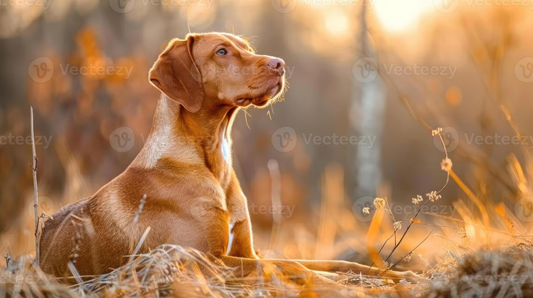 A golden dog sitting gracefully in a sunlit field, surrounded by autumn foliage and soft light photo