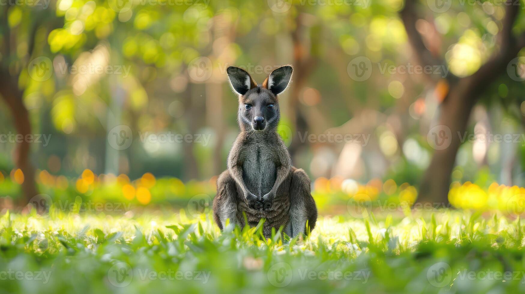 A kangaroo sits calmly in a lush green park surrounded by vibrant flowers and trees photo