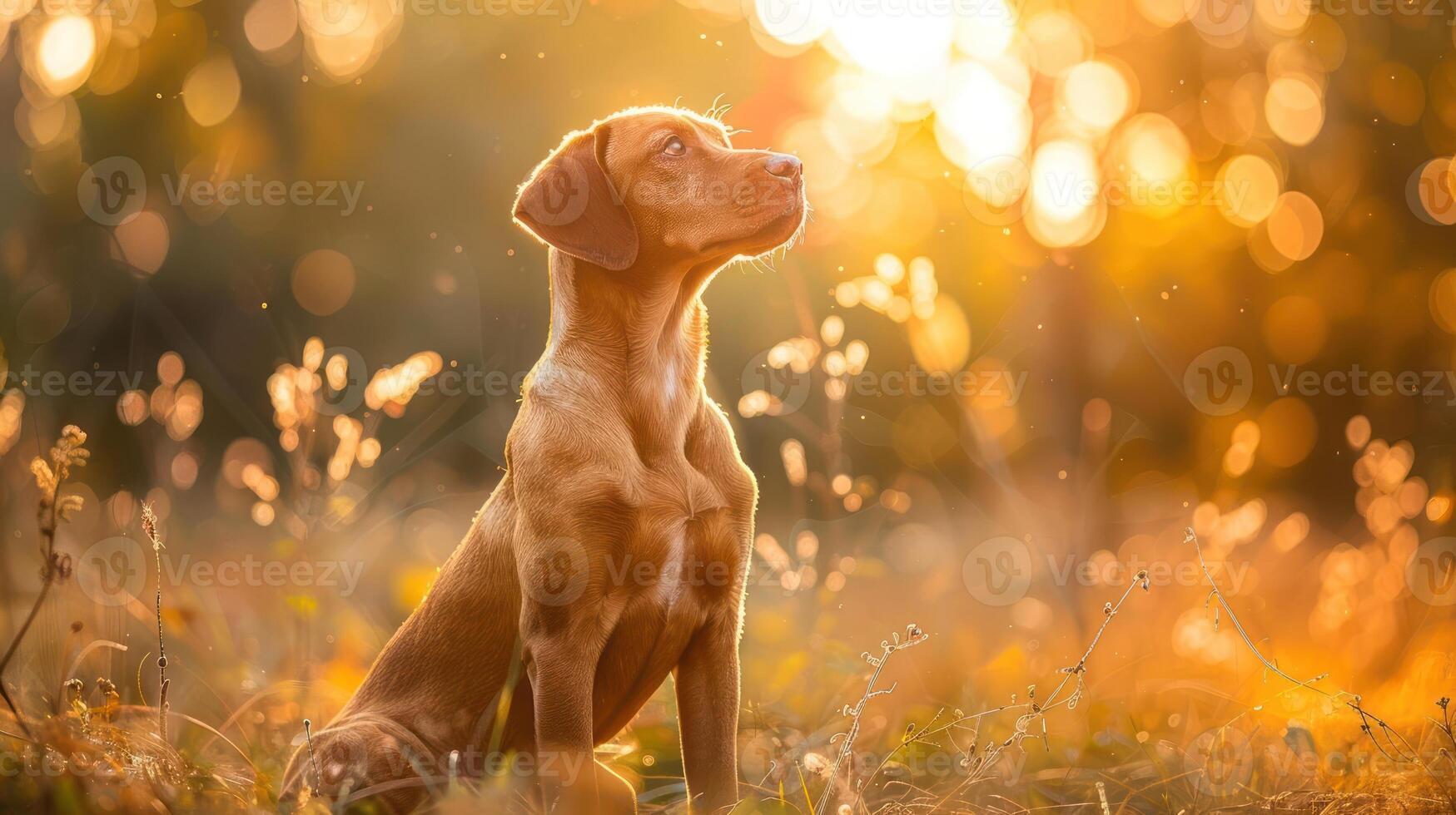A golden retriever puppy sitting gracefully in a sunlit meadow during sunset, surrounded by soft grasses photo