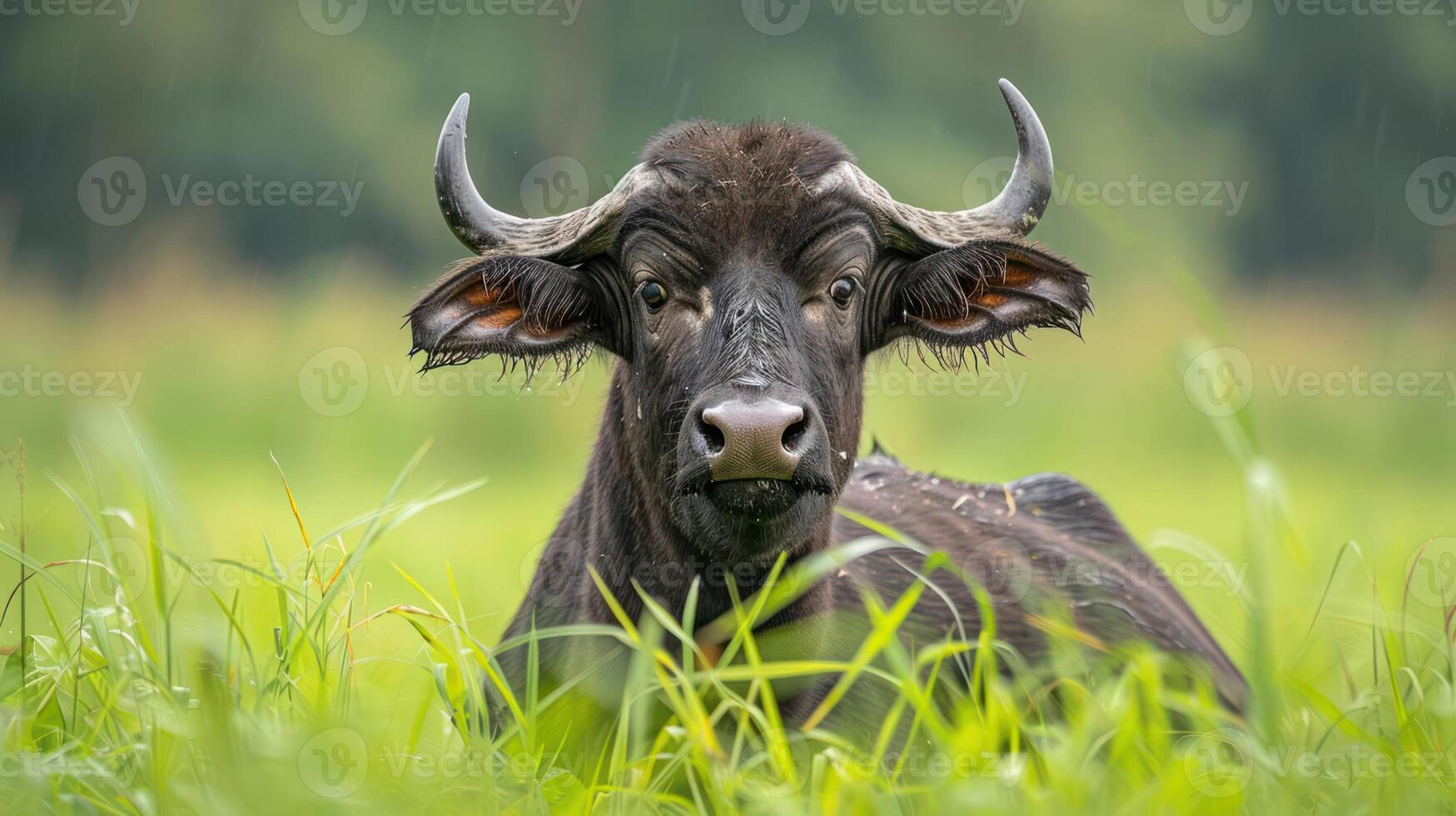 A serene water buffalo resting in a lush green field during a gentle rain, surrounded by nature photo