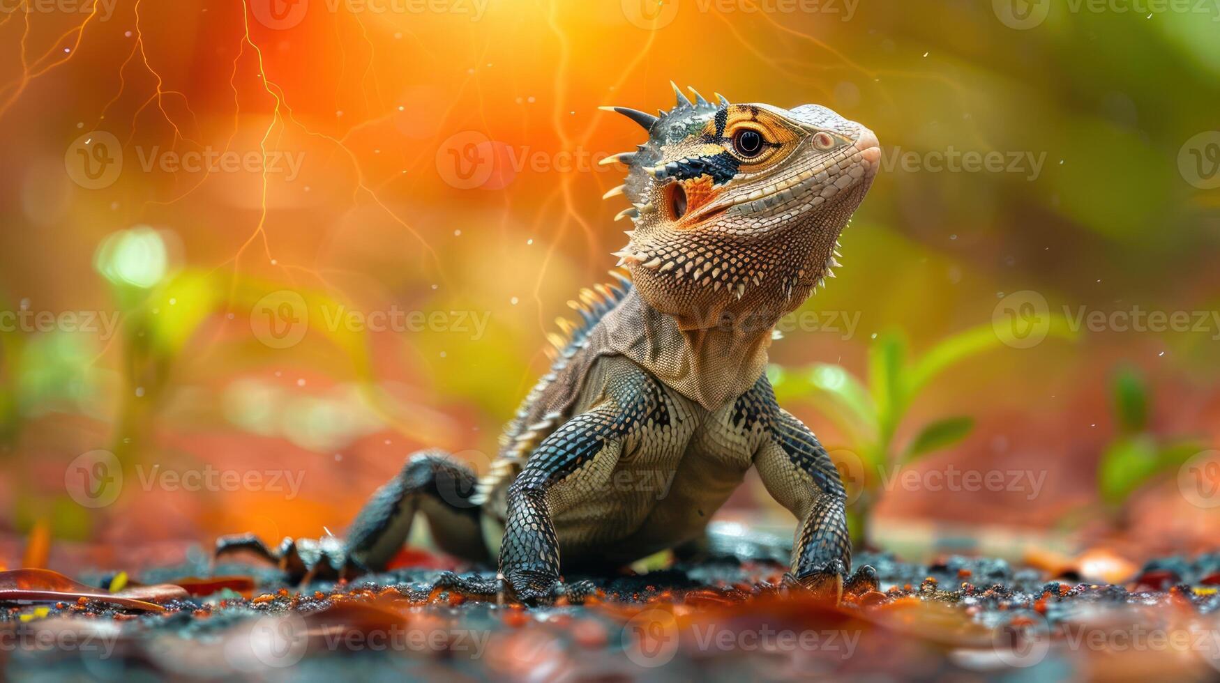 Colorful close-up of a bearded dragon in a vibrant, natural setting with blurred background elements photo