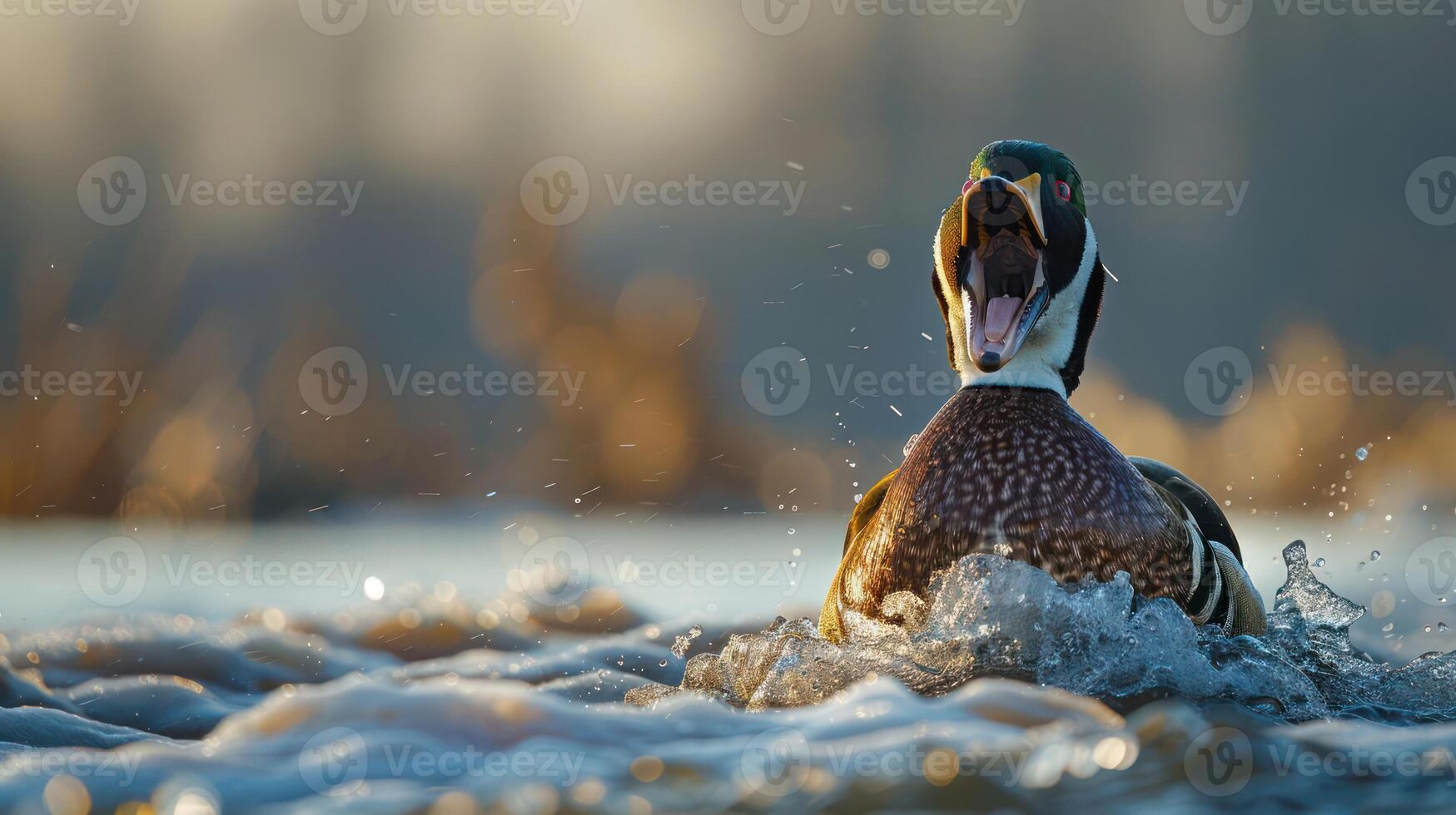 Vibrant duck splashing through water, showcasing its colorful plumage in a serene natural setting photo