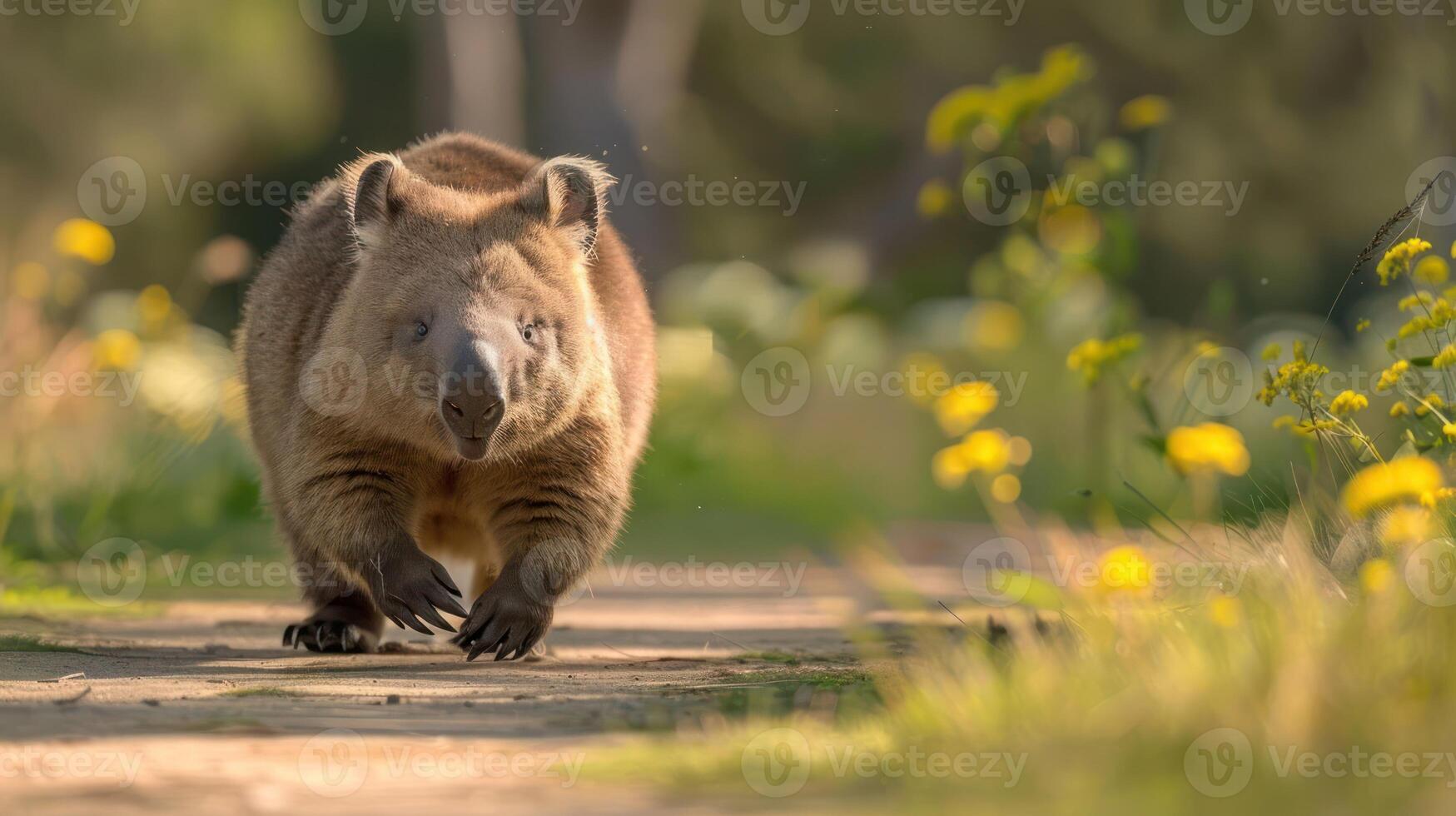 Wombat running along a flower-lined path in a sunny environment, showcasing nature's beauty photo