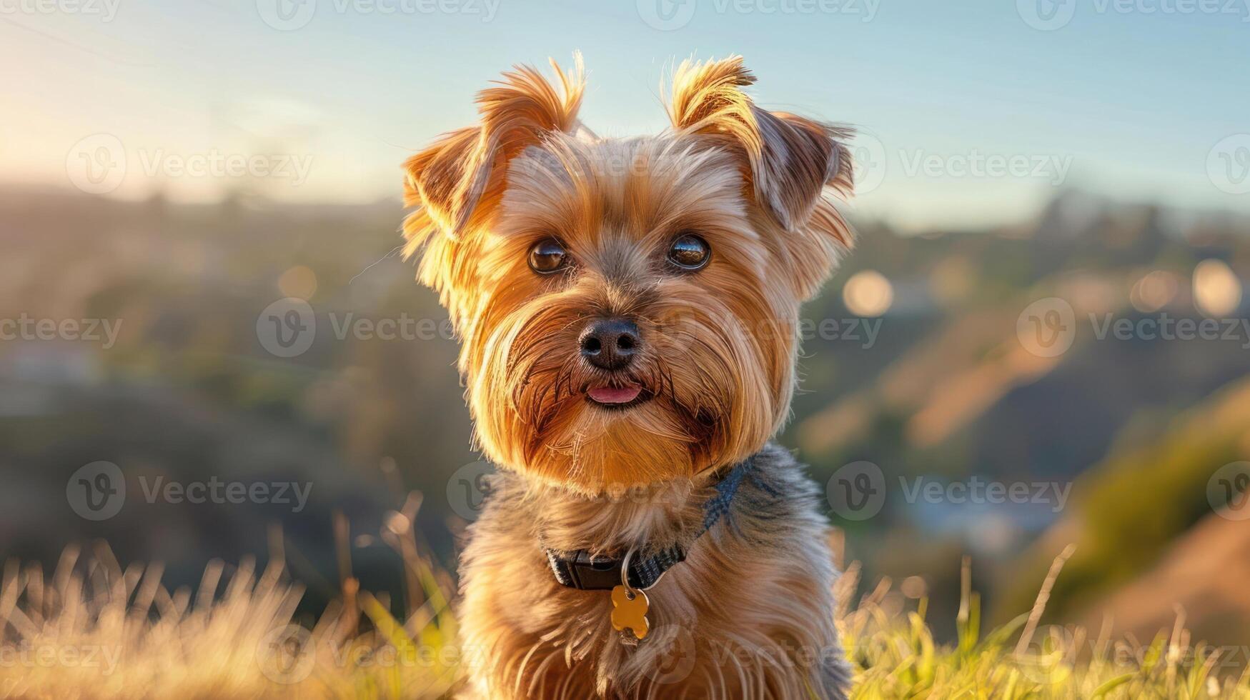 A playful Yorkshire Terrier poses in a sunny meadow with a scenic hillside background photo