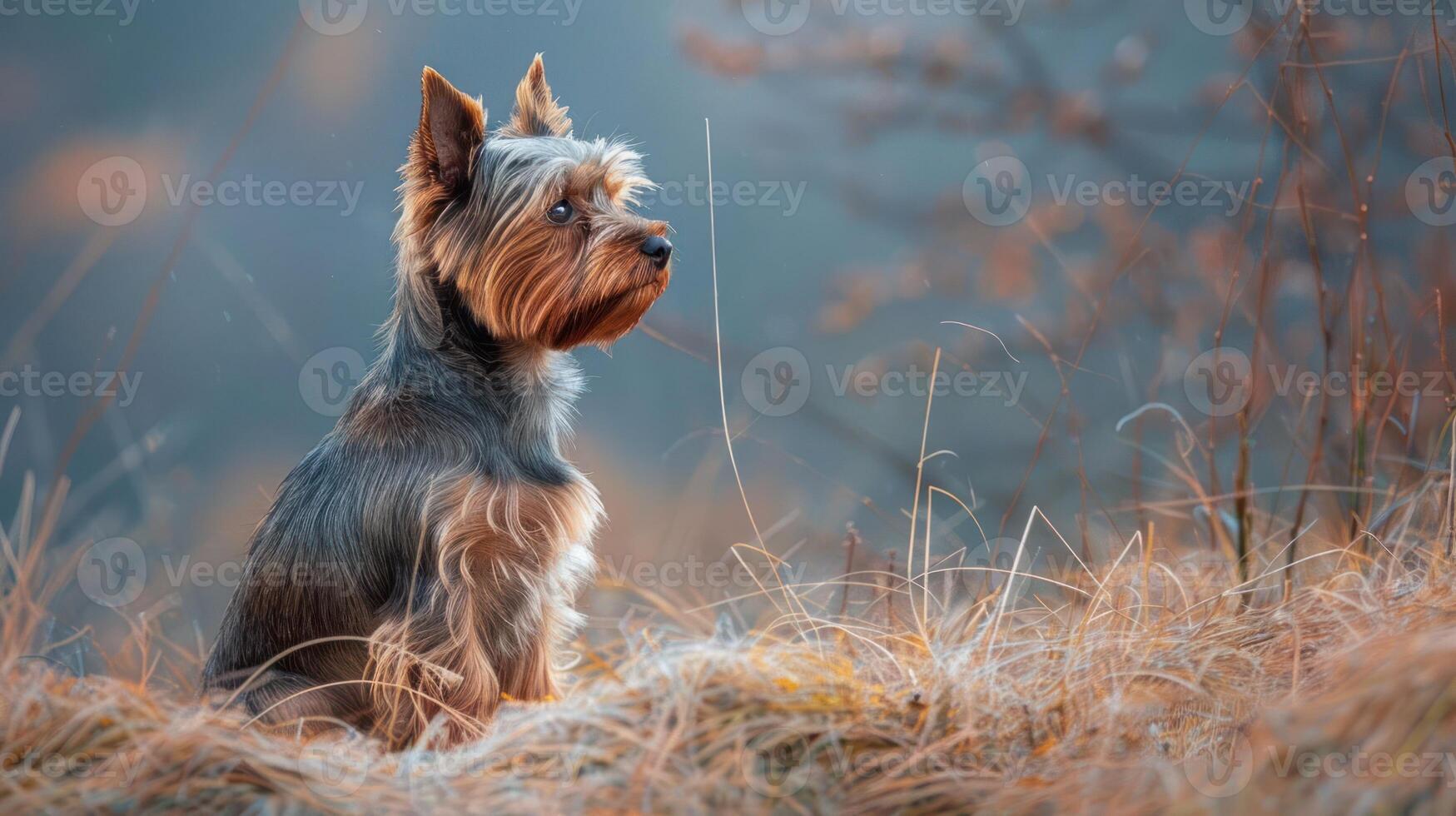 A Yorkshire Terrier sitting calmly in a sunlit meadow, surrounded by soft grass and blurred trees photo