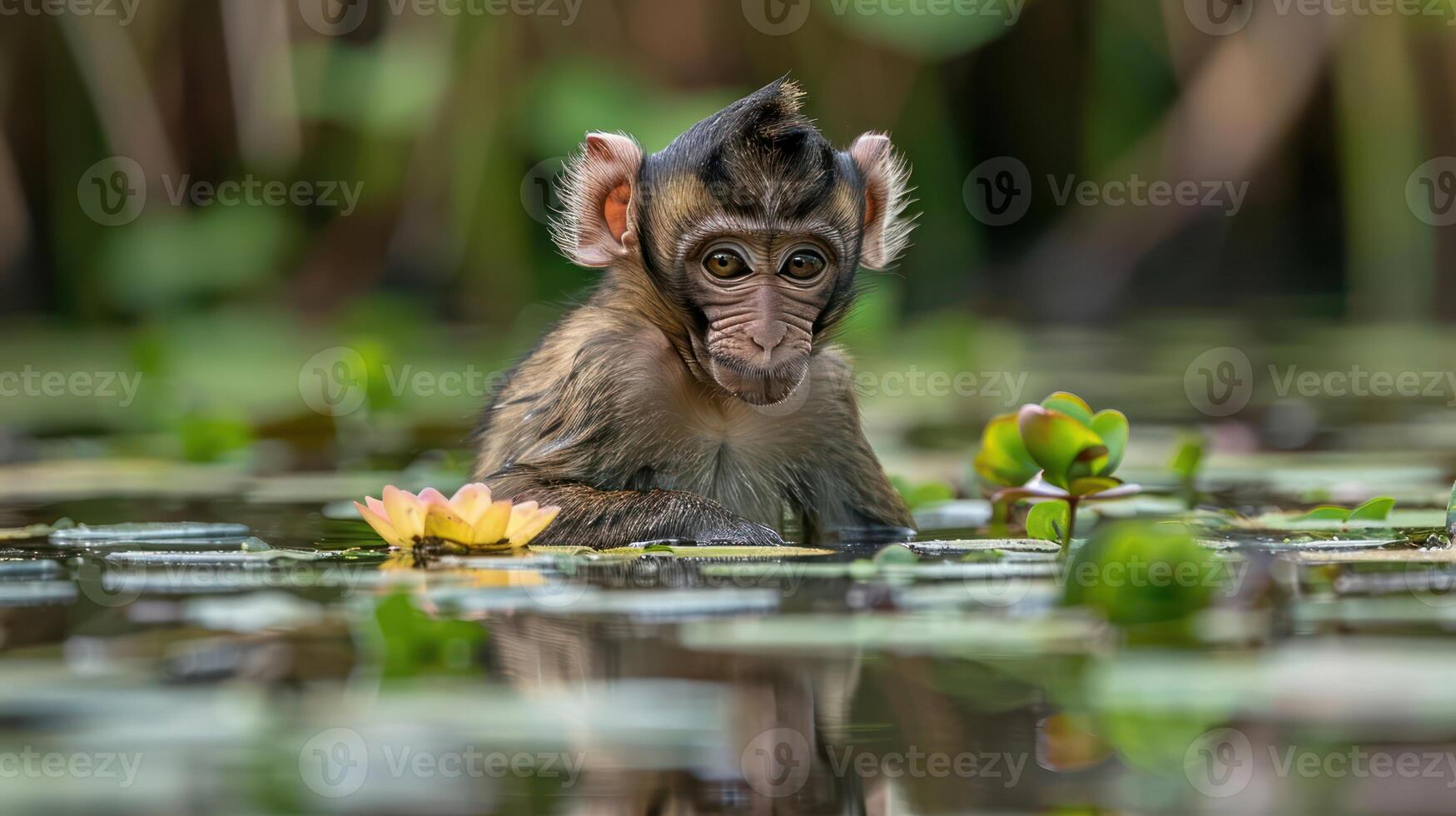 Playful young monkey sitting amidst lily pads in a serene pond, showcasing nature's beauty photo