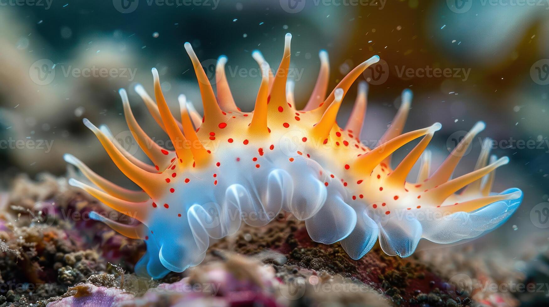 Vibrant underwater scene featuring a colorful nudibranch crawling over coral reef with bubbles photo