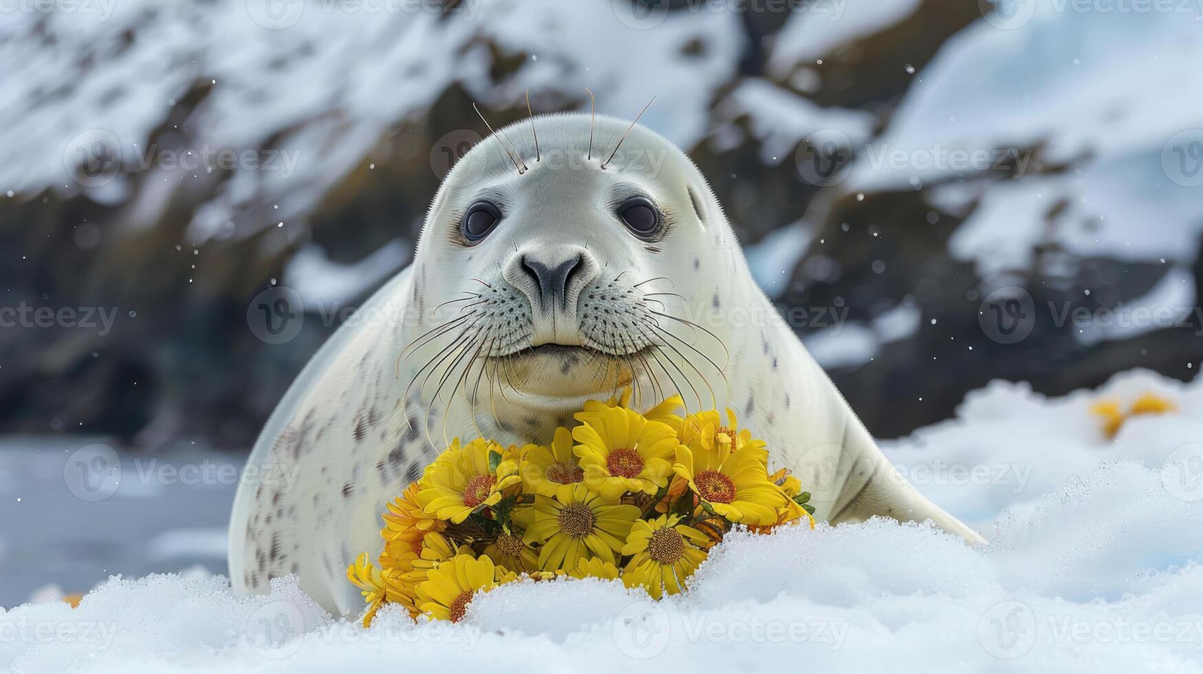 A playful seal holds a bouquet of bright yellow flowers amidst a snowy landscape photo