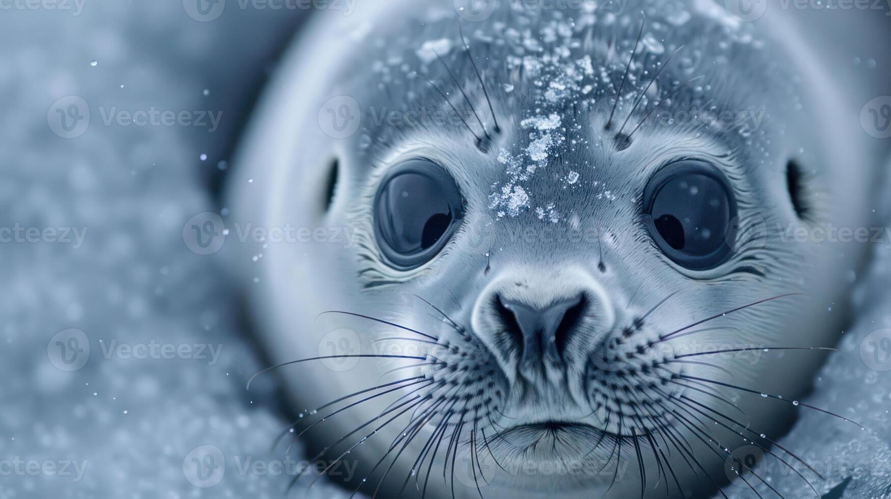 Close-up of a seal's face with snowflakes on its fur, set against a snowy background photo