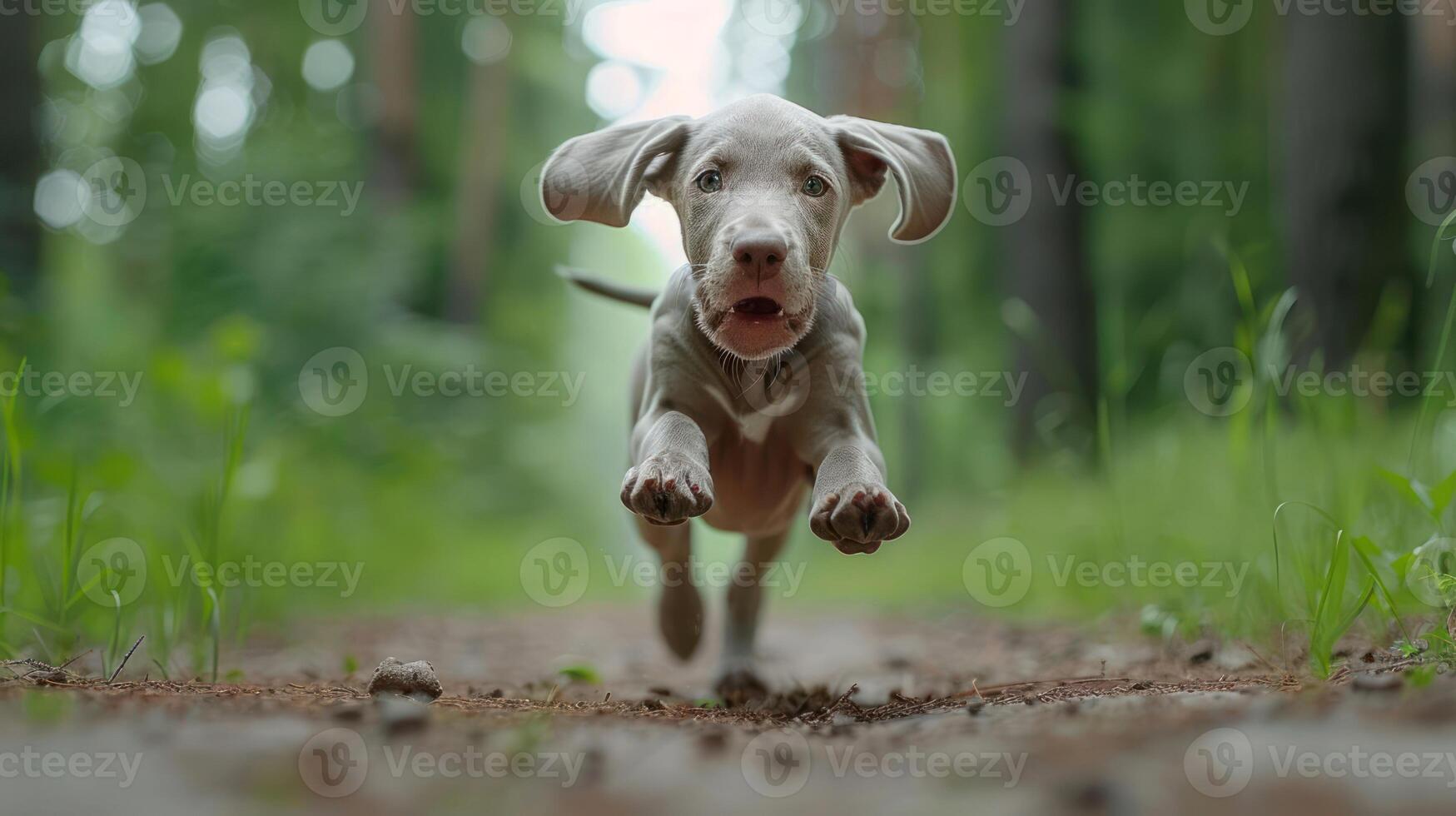 Energetic puppy running joyfully through a lush green forest path with blurred trees in background photo